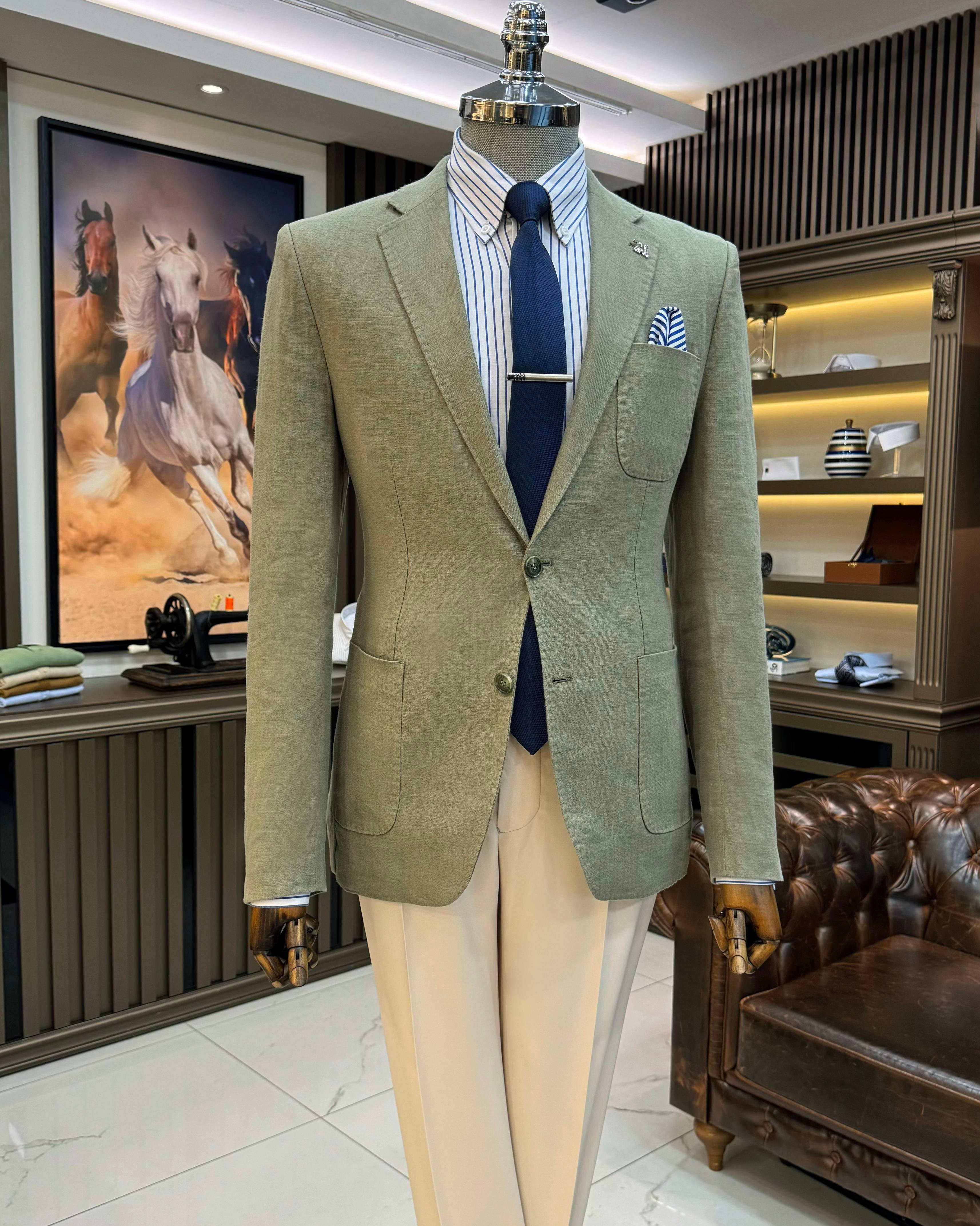 italyan stil slim fit mono yaka keten erkek ceket haki T11675