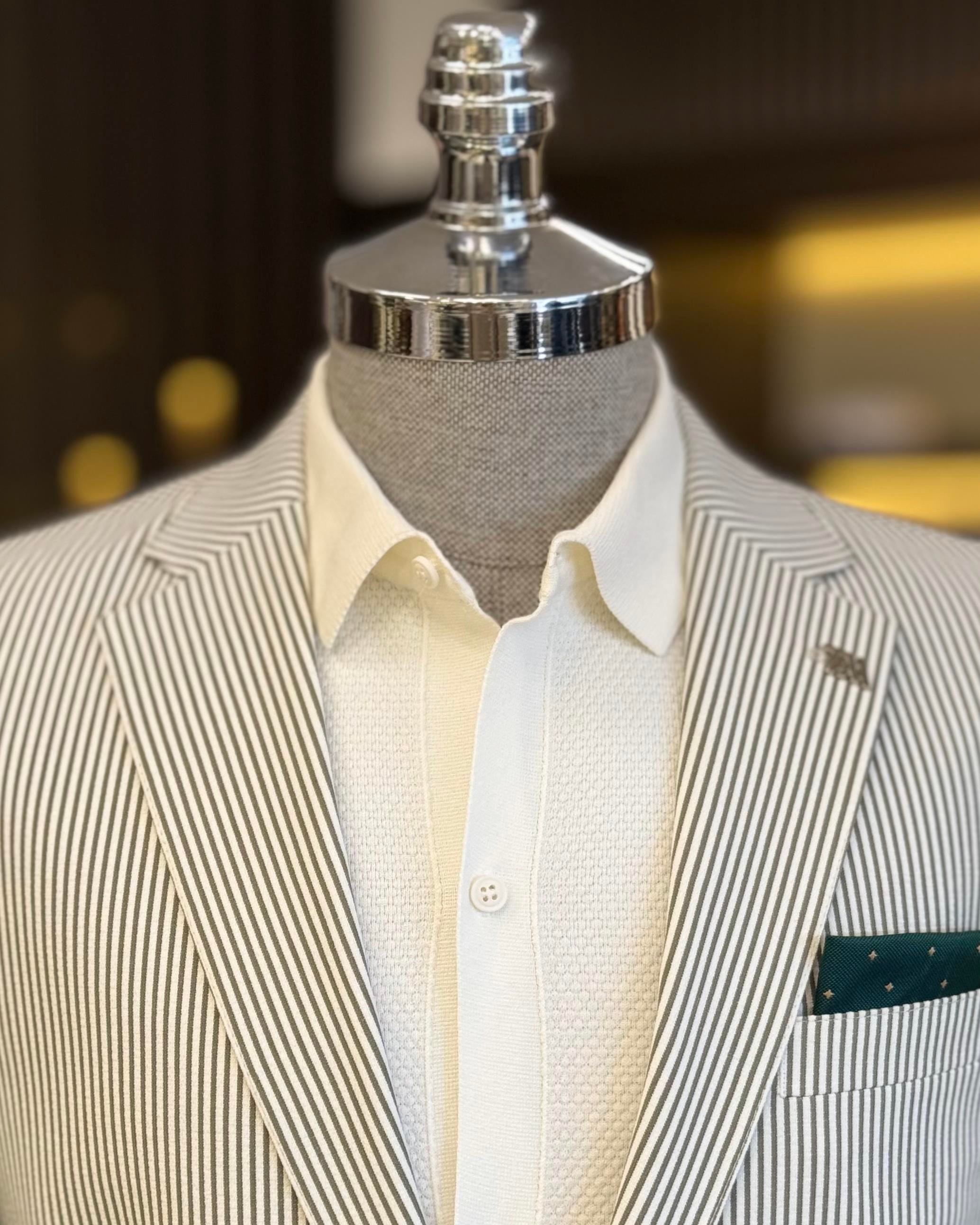 italyan stil slim fit mono yaka pamuk karışımlı çizgili erkek ceket yeşil T11677