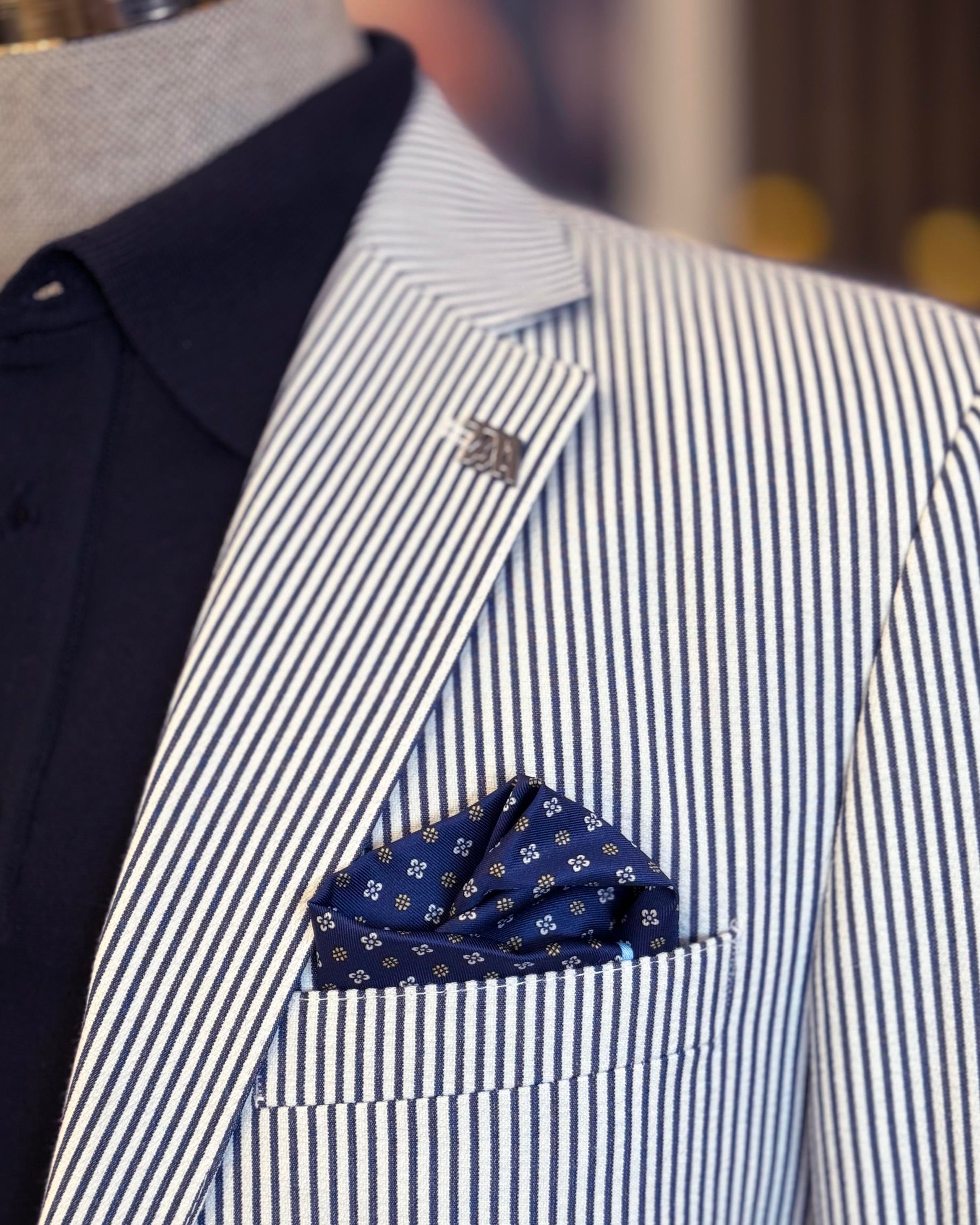 italyan stil slim fit mono yaka pamuk karışımlı çizgili erkek ceket mavi T11676