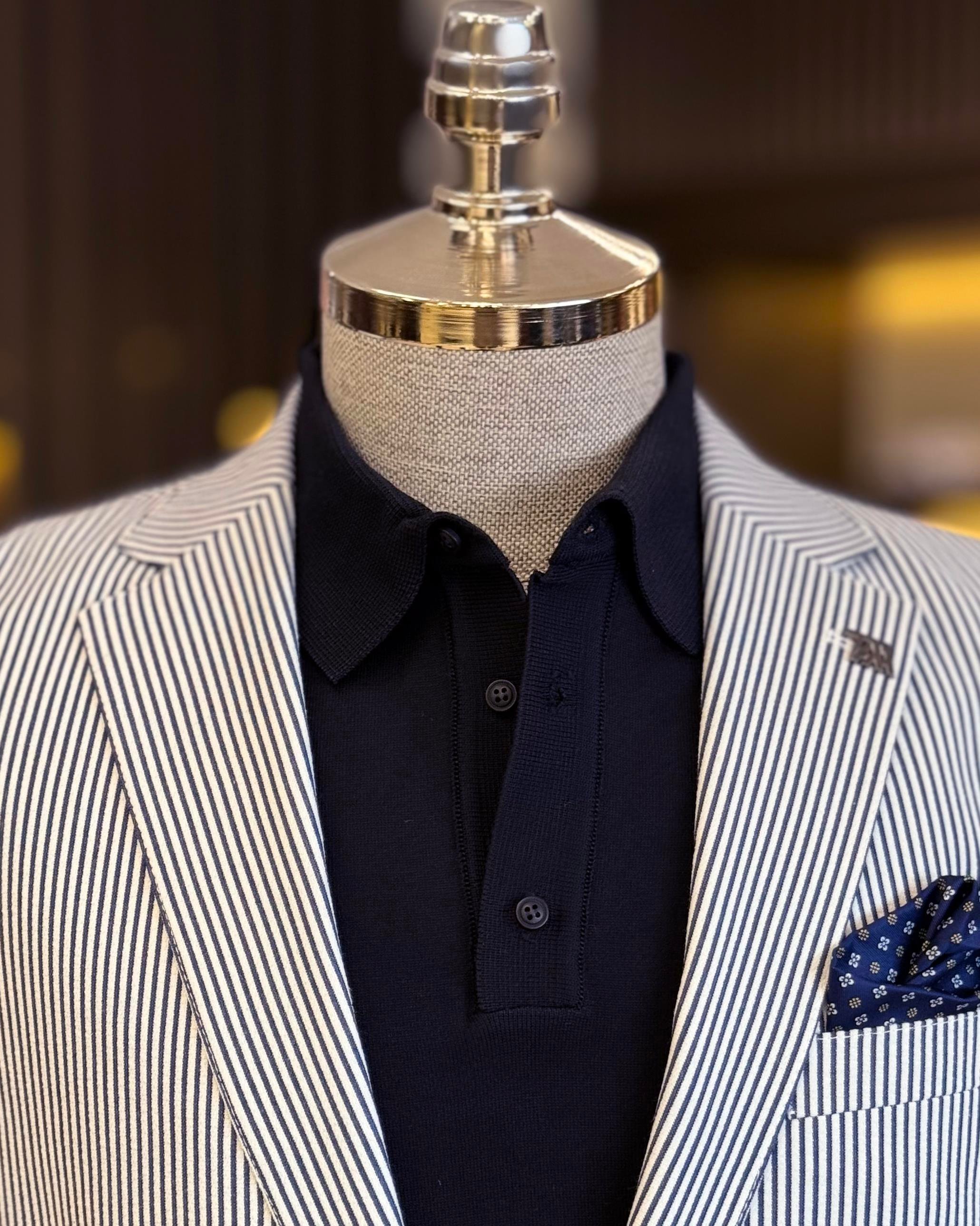 italyan stil slim fit mono yaka pamuk karışımlı çizgili erkek ceket mavi T11676