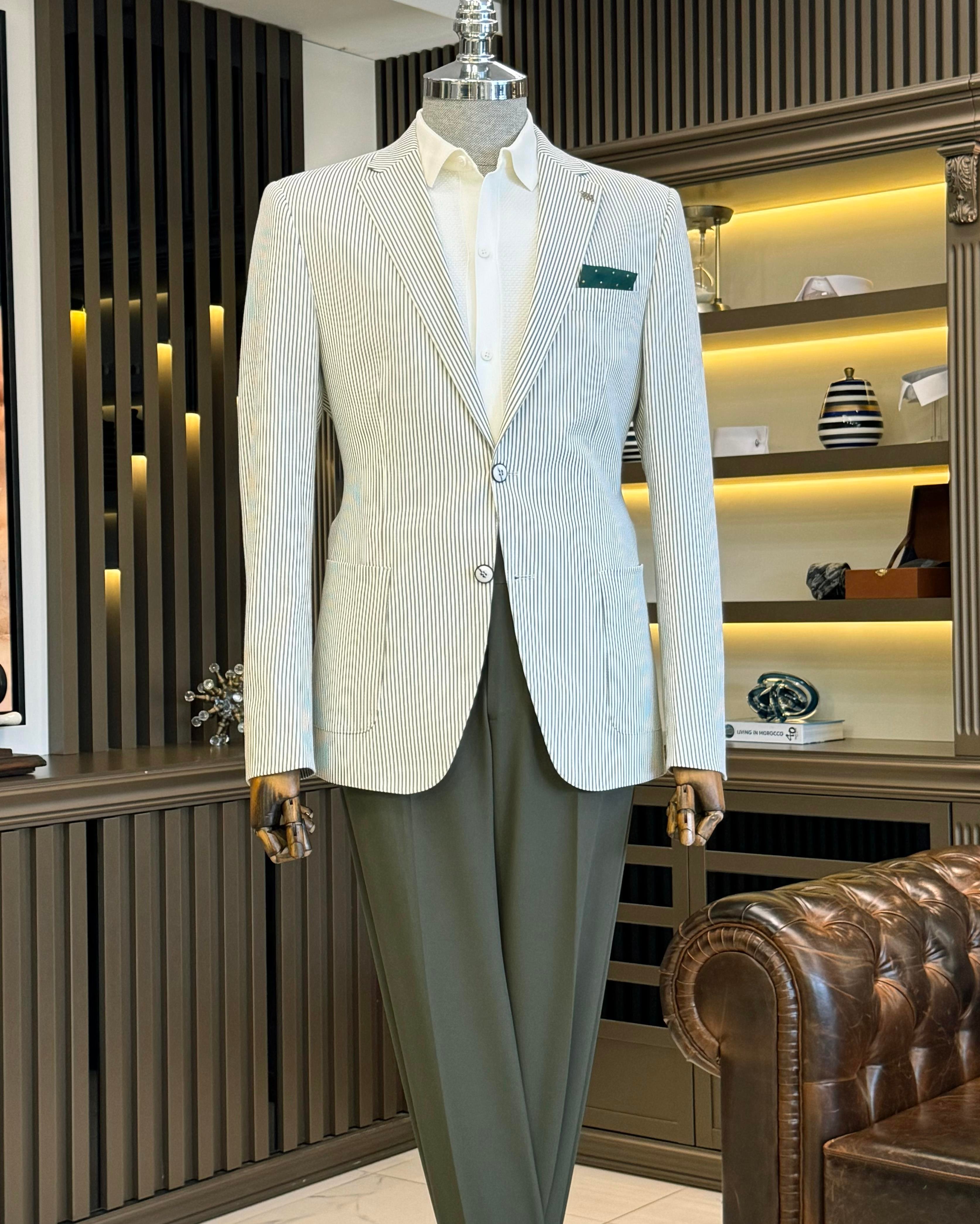 italyan stil slim fit mono yaka pamuk karışımlı çizgili erkek ceket yeşil T11677