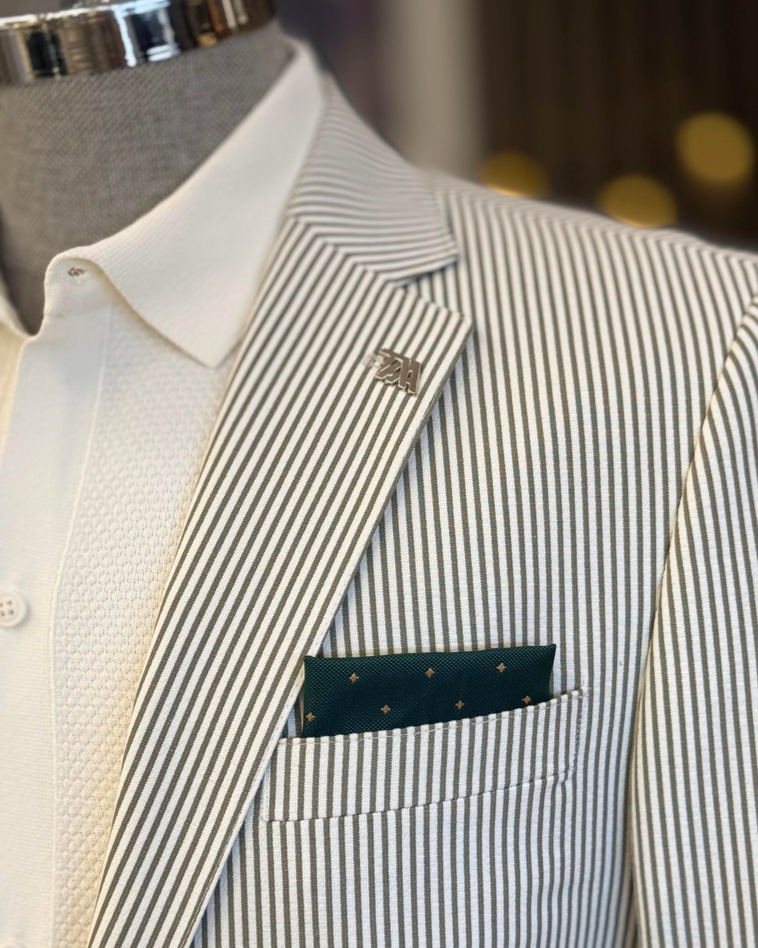 italyan stil slim fit mono yaka pamuk karışımlı çizgili erkek ceket yeşil T11677