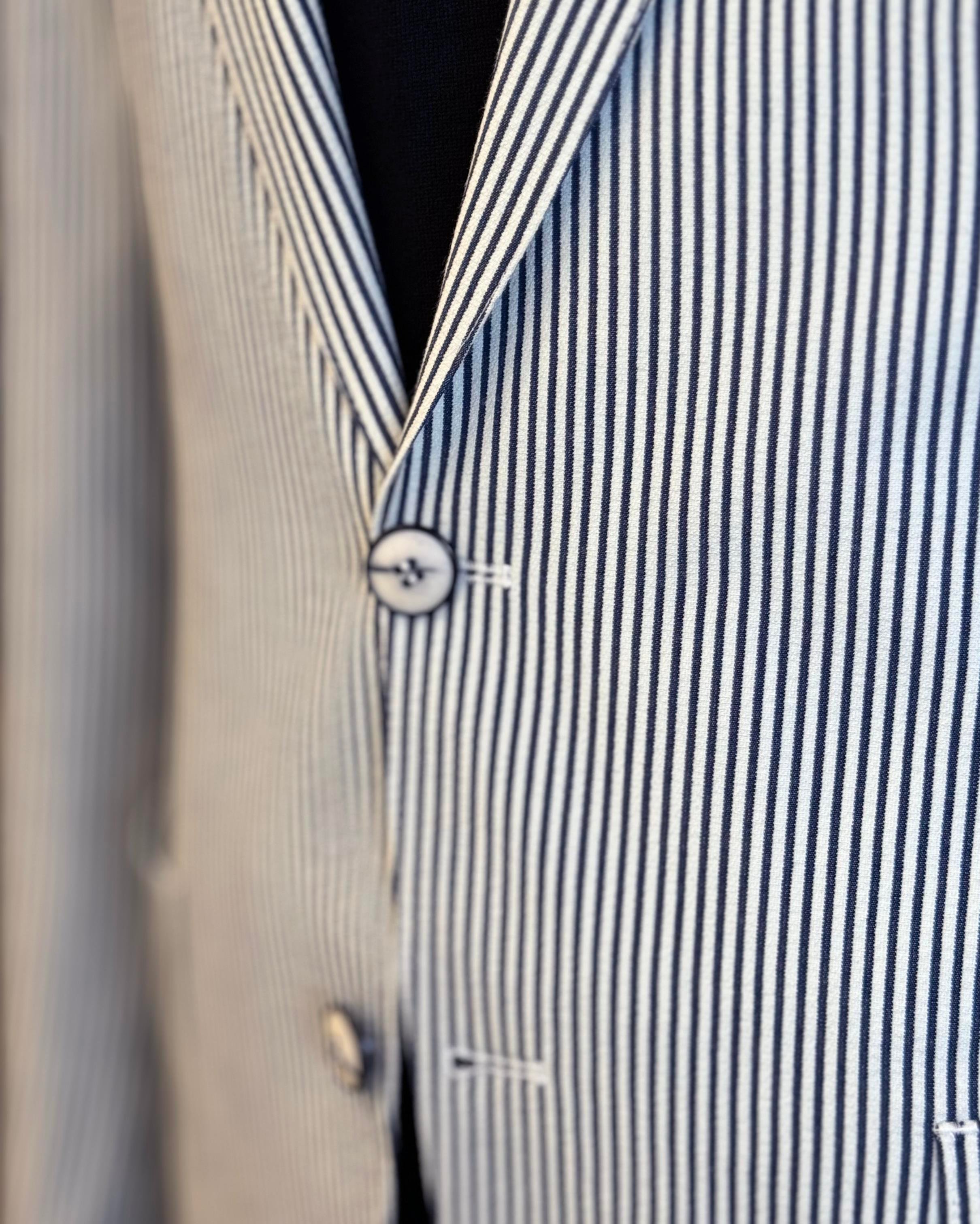 italyan stil slim fit mono yaka pamuk karışımlı çizgili erkek ceket mavi T11676