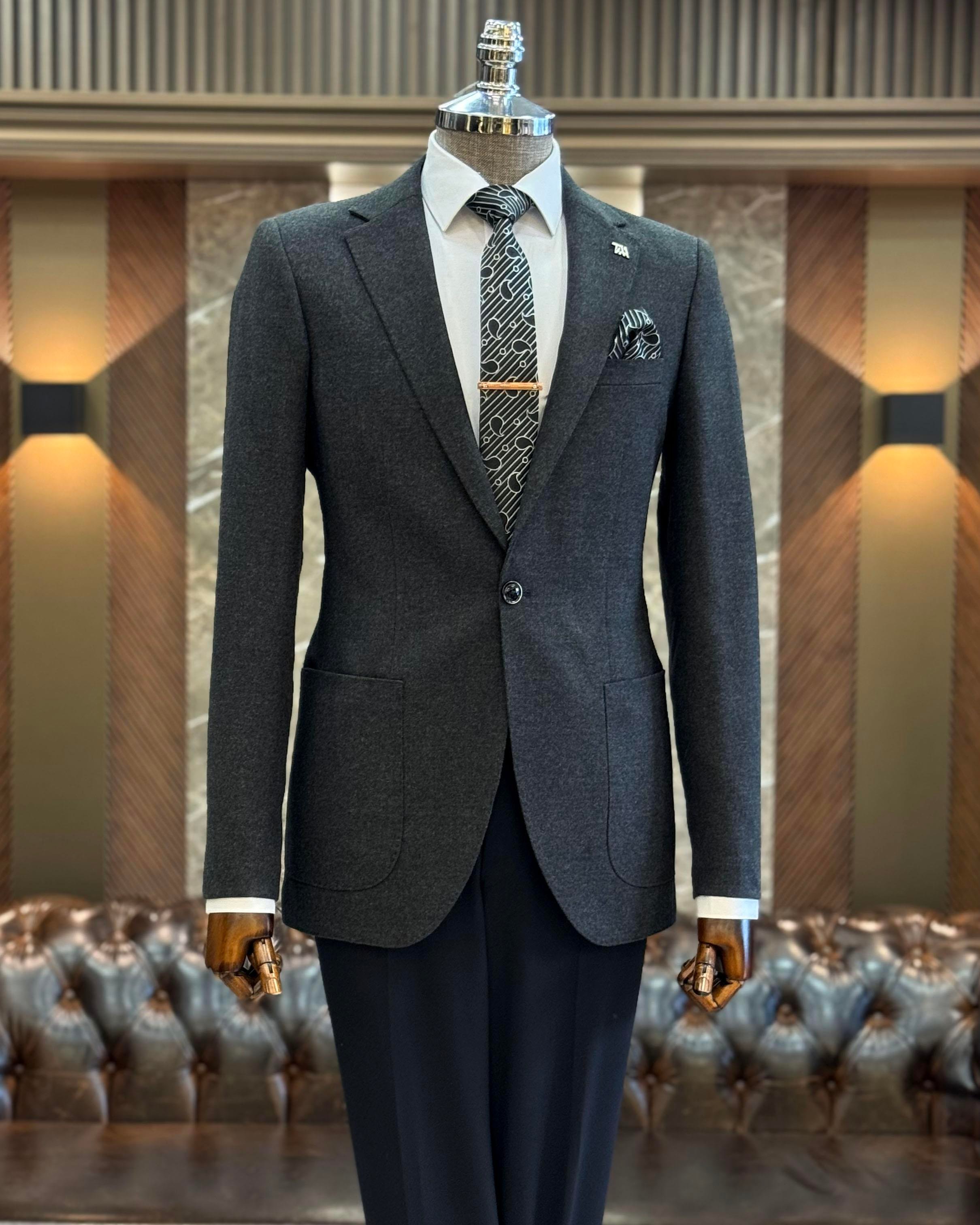 İtalyan stil slim fit mono yaka torba cep erkek ceket antrasit T10345