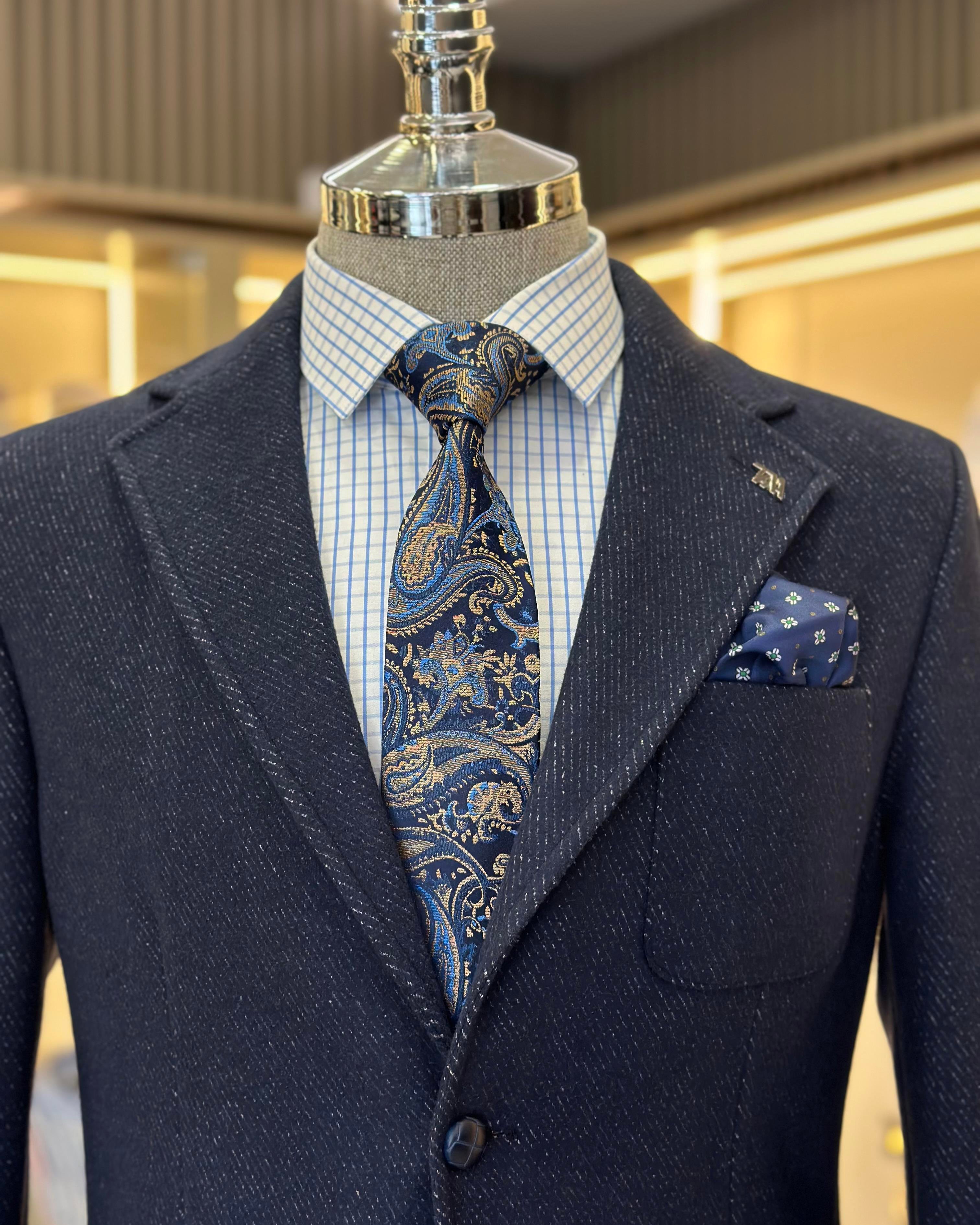 Italian style slim fit mono collar bag pocket men's jacket navy blue T10358