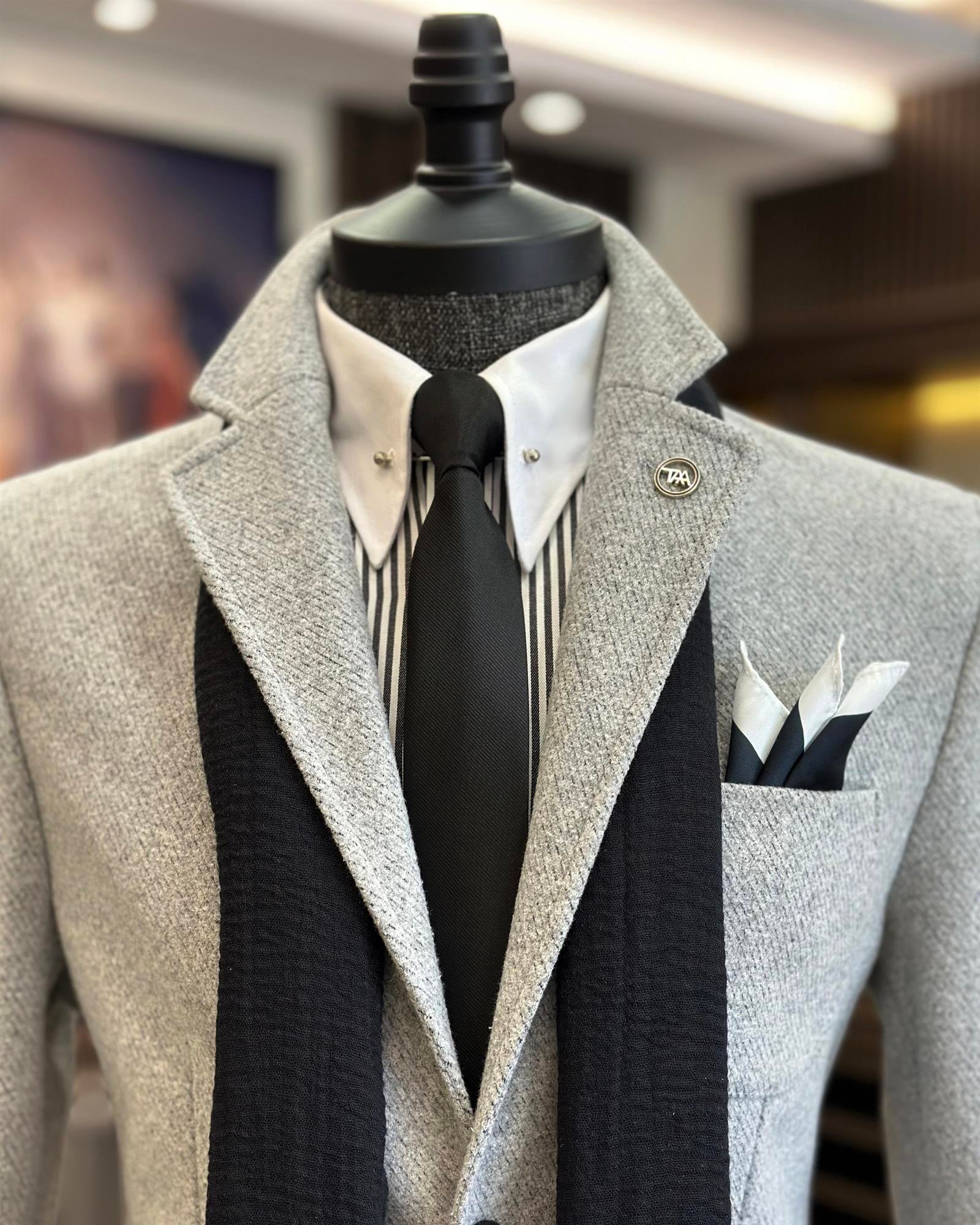 İtalyan stil slim fit mono yaka torba cep erkek ceket gri T10359