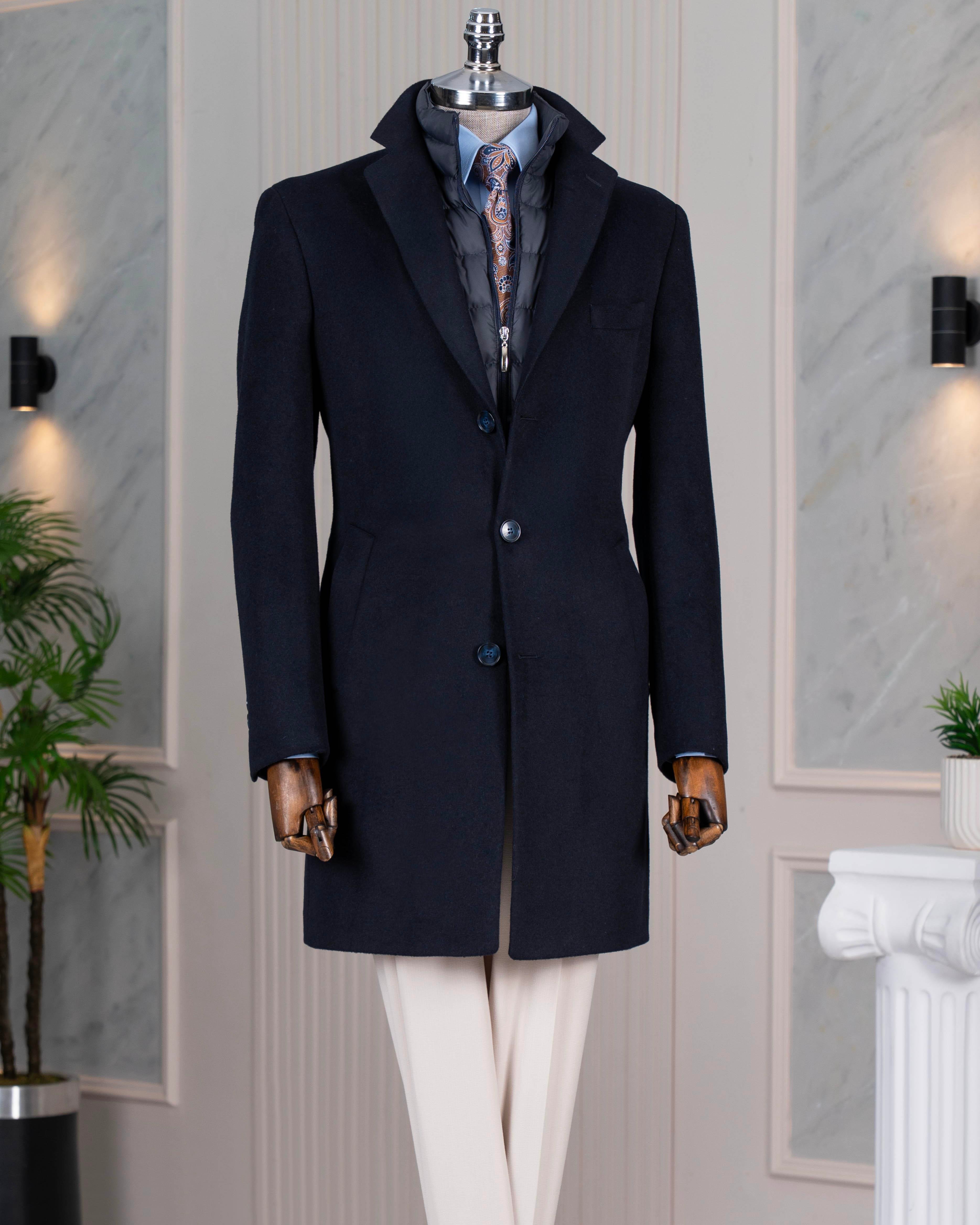 İtalyan stil slim fit mono yaka yün karışımlı kaşe erkek kaban lacivert T14688