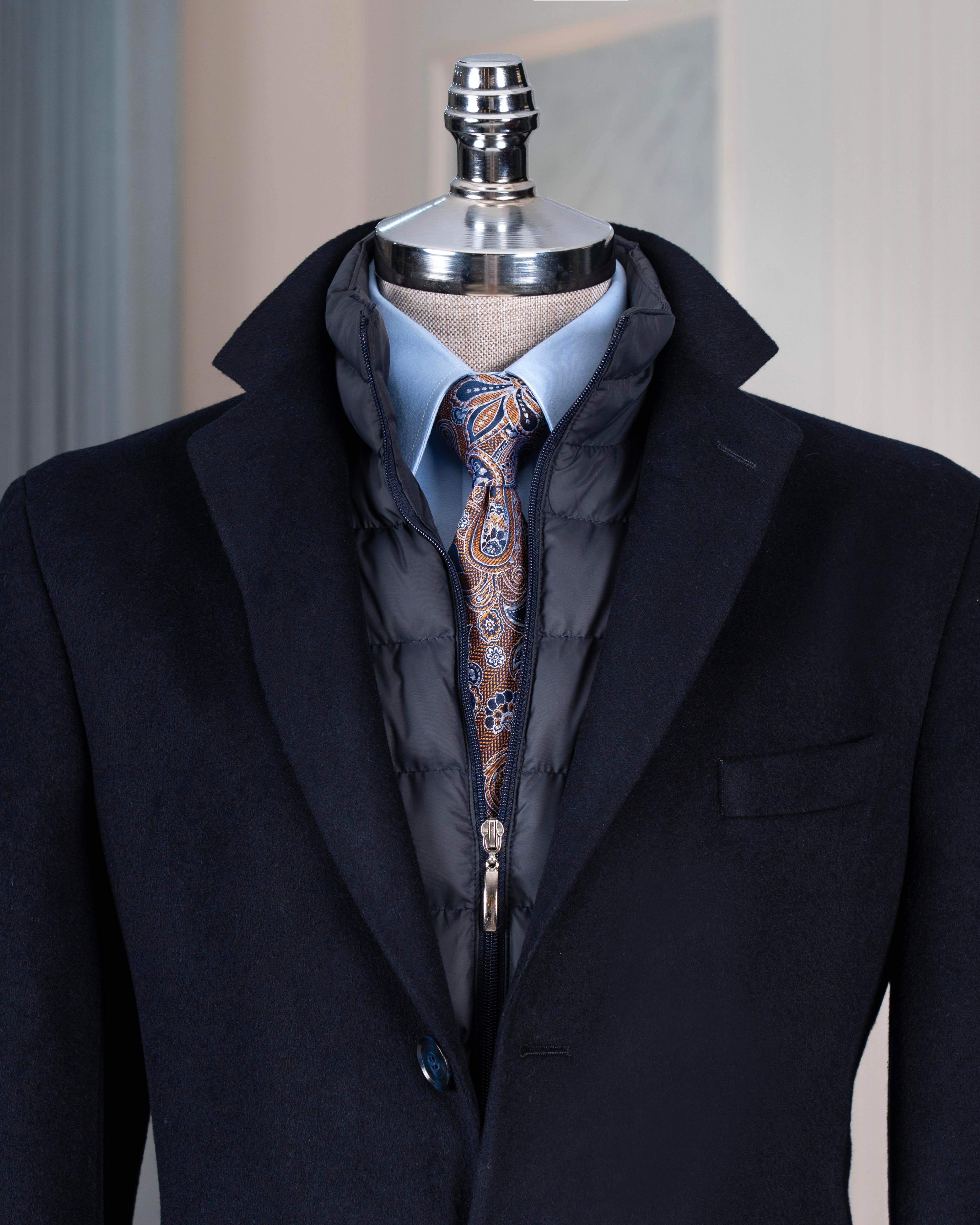 İtalyan stil slim fit mono yaka yün karışımlı kaşe erkek kaban lacivert T14688