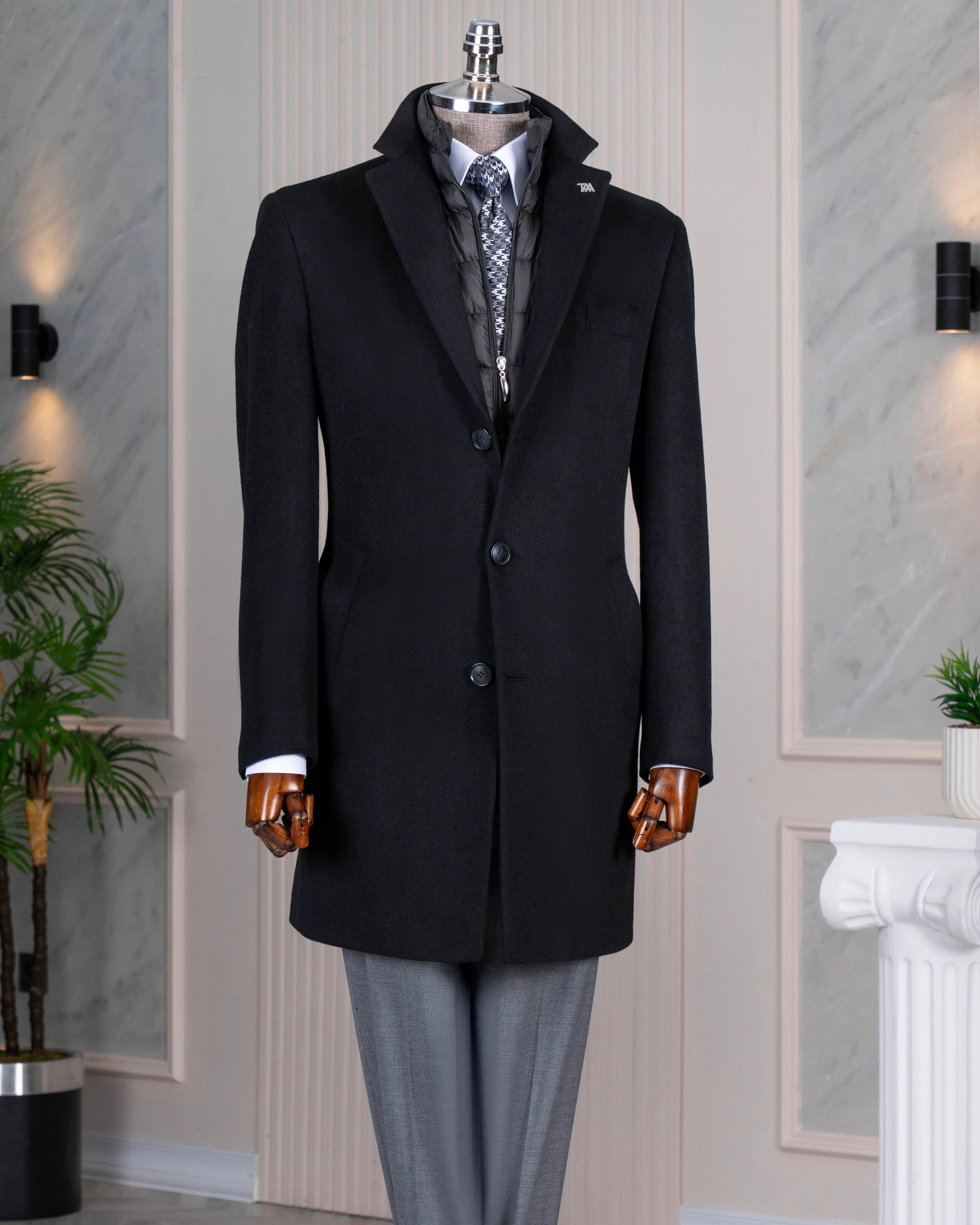 İtalyan stil slim fit mono yaka yün karışımlı kaşe erkek kaban siyah T14689