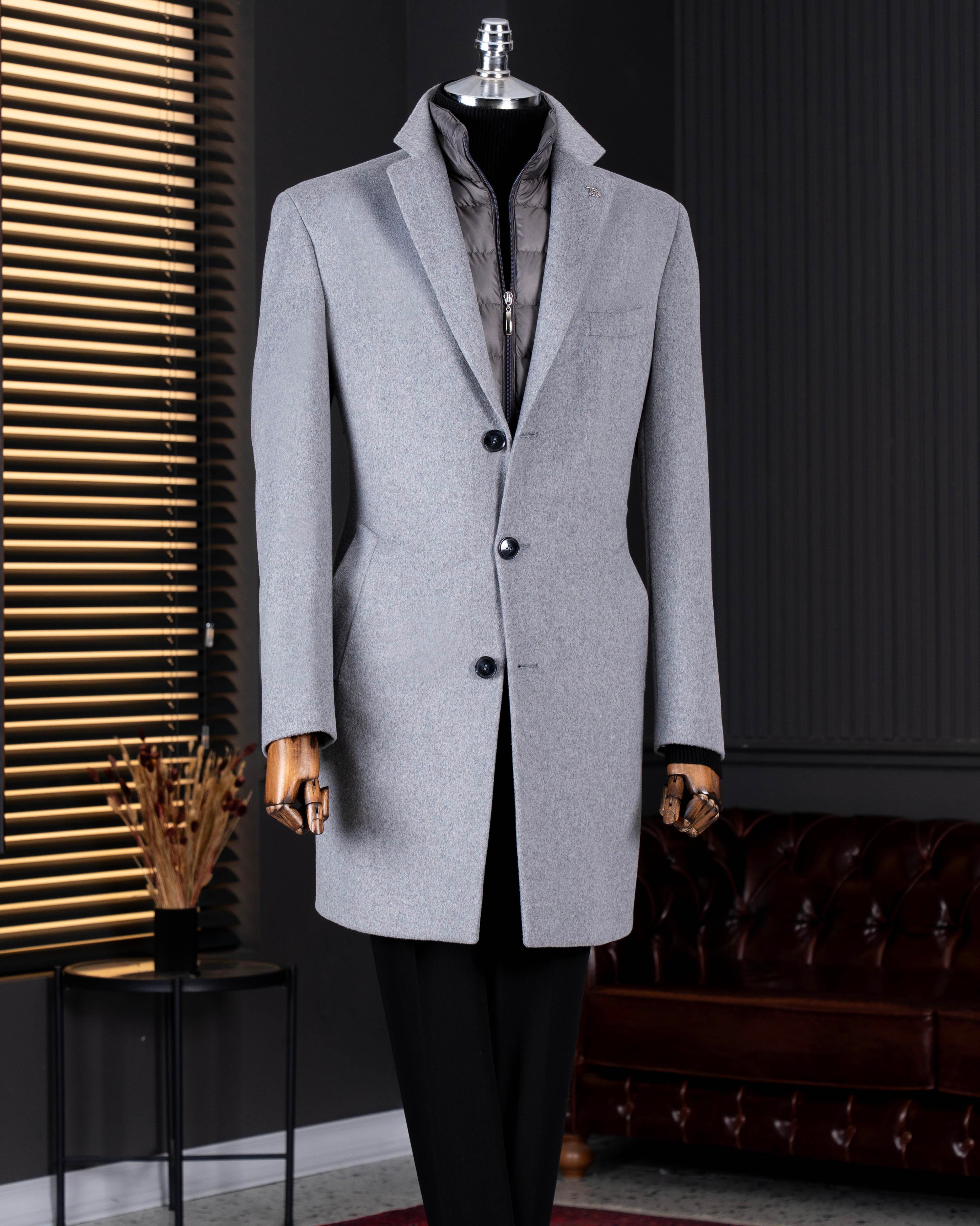 İtalyan stil slim fit mono yaka yün karışımlı kaşe erkek kaban gri T14687