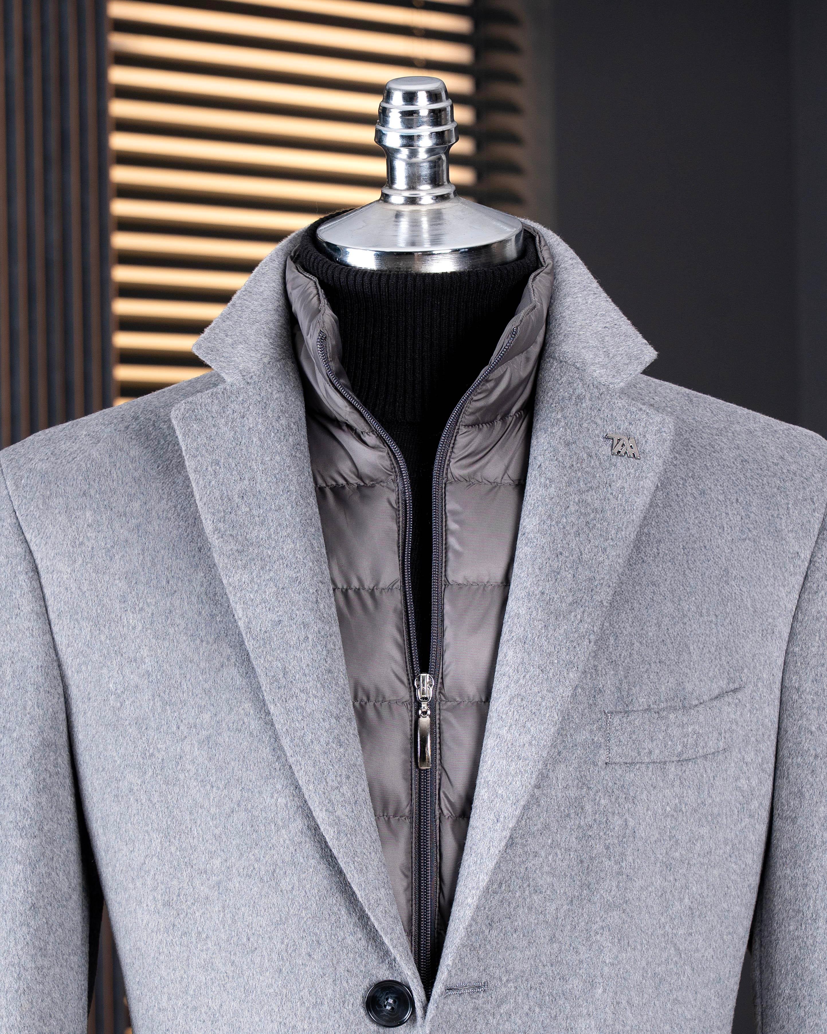 İtalyan stil slim fit mono yaka yün karışımlı kaşe erkek kaban gri T14687