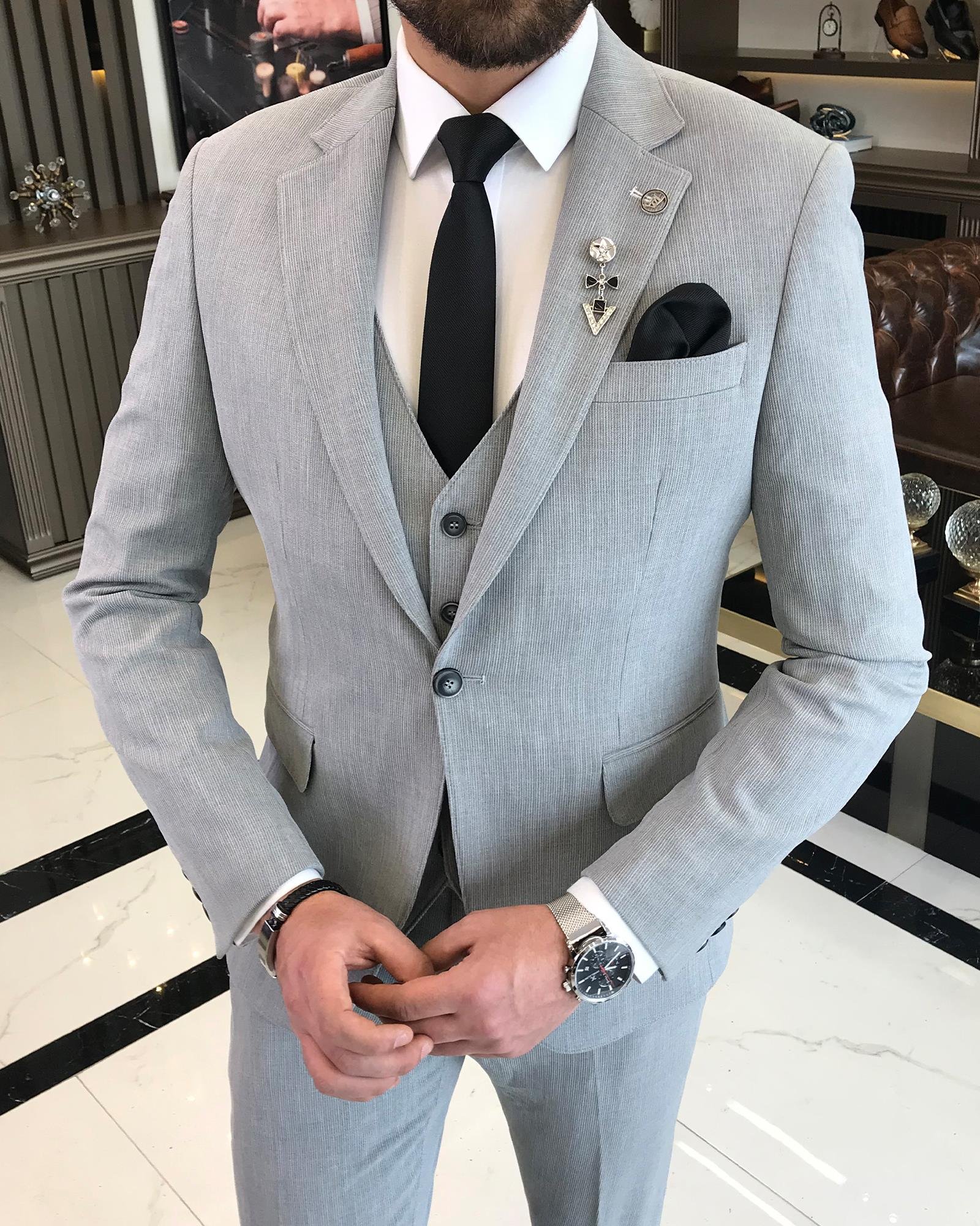 İtalyan stil slim fit pamuk karışımlı ceket yelek pantolon takım elbise gri T9365