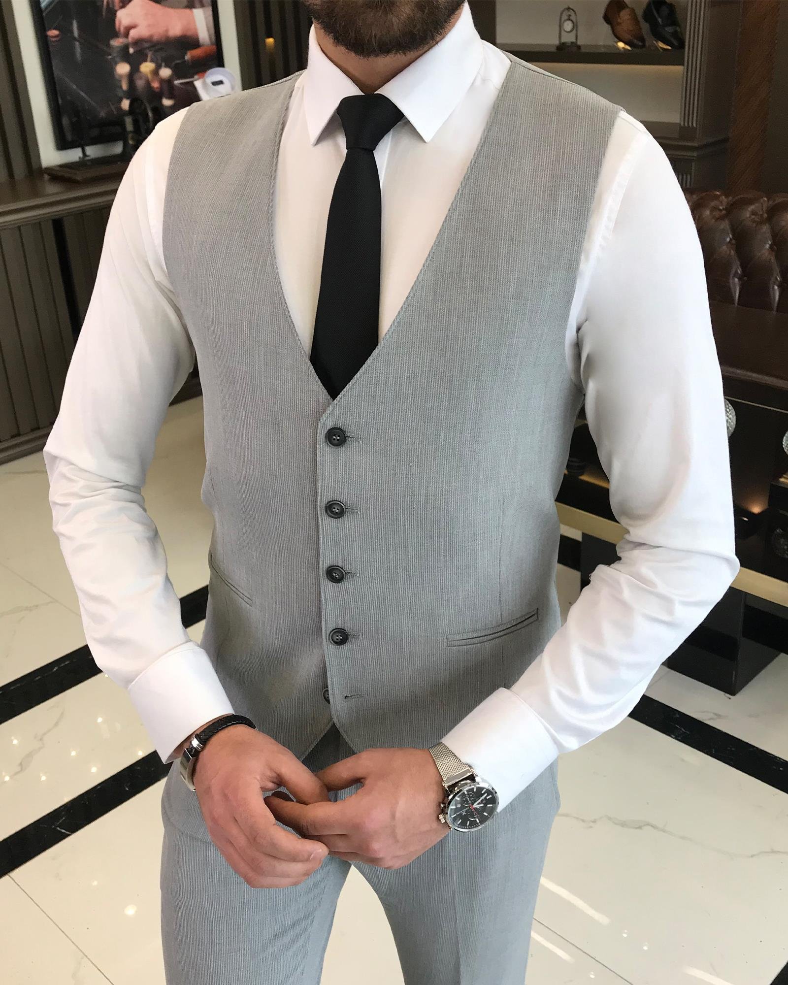 İtalyan stil slim fit pamuk karışımlı ceket yelek pantolon takım elbise gri T9365