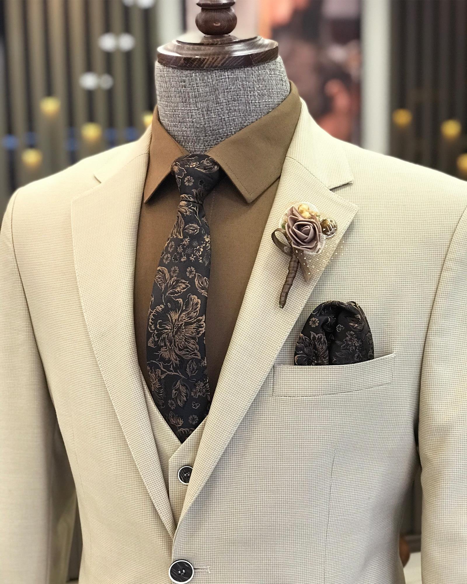 İtalyan stil slim fit pamuk keten karışımlı ceket yelek pantolon takım elbise bej T9367