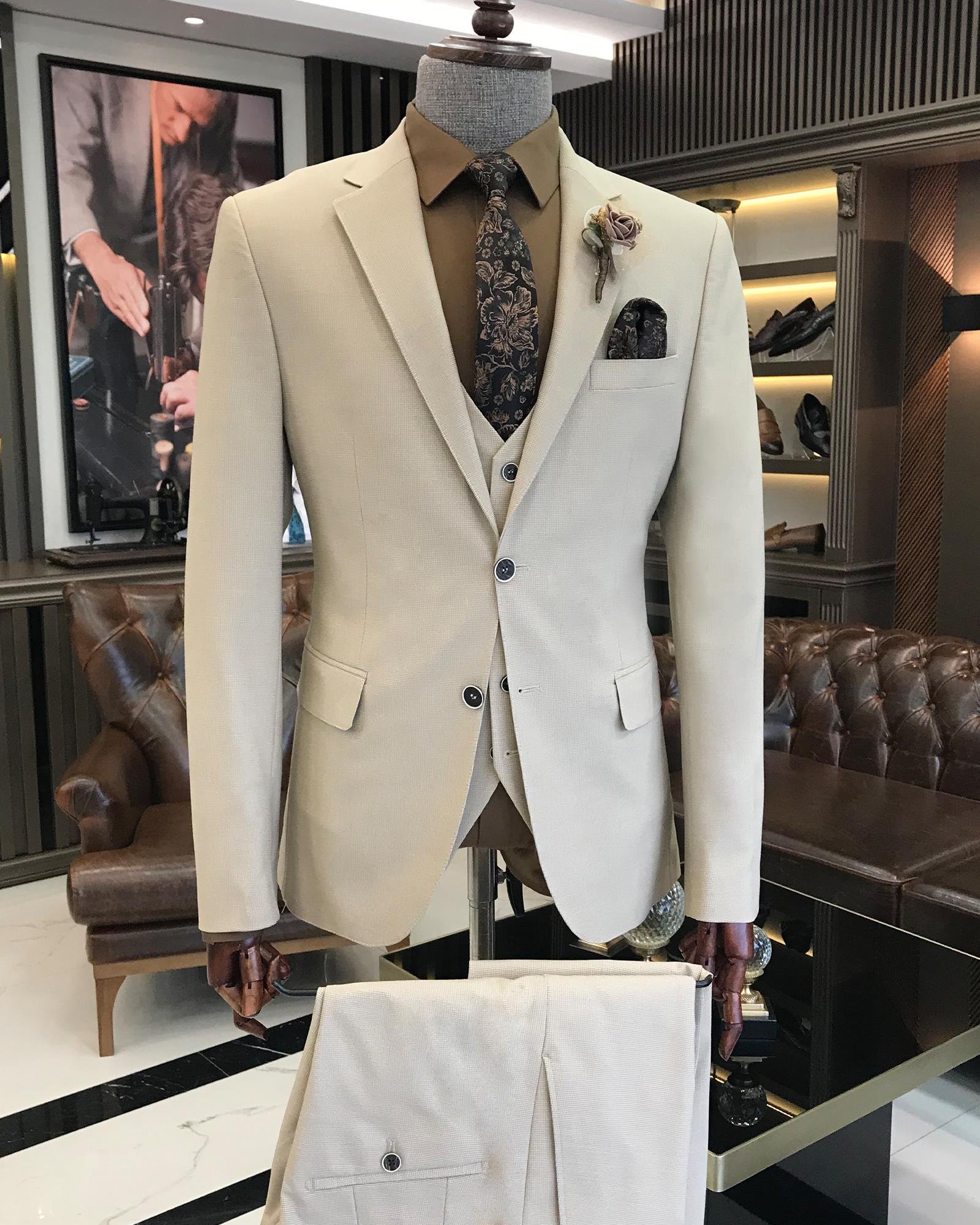 İtalyan stil slim fit pamuk keten karışımlı ceket yelek pantolon takım elbise bej T9367