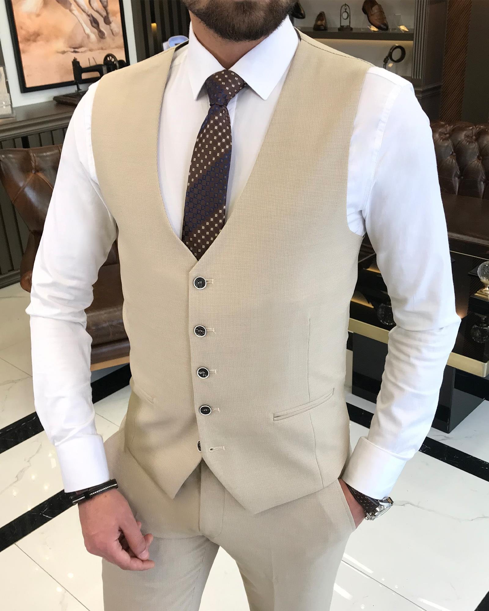 Italian style slim fit cotton linen blended jacket vest pant suit beige T9367