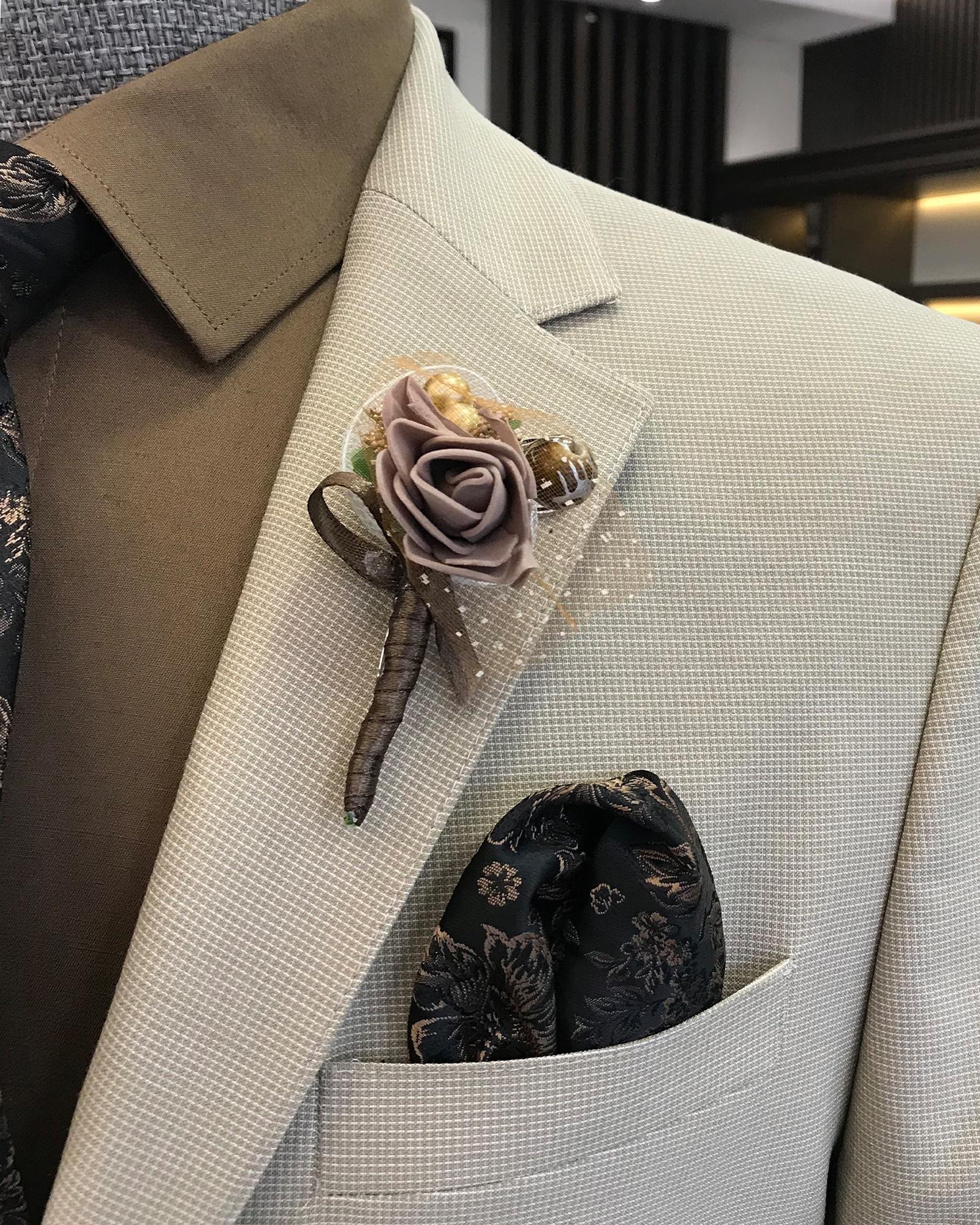 İtalyan stil slim fit pamuk keten karışımlı ceket yelek pantolon takım elbise bej T9367