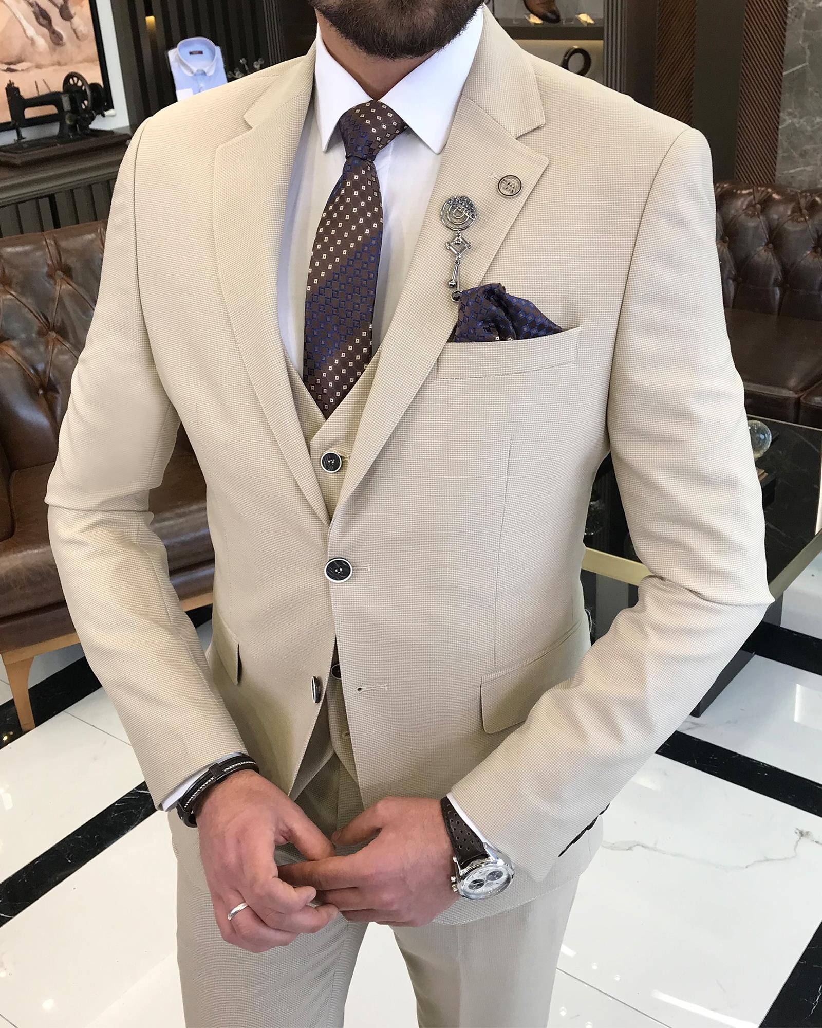 Italian style slim fit cotton linen blended jacket vest pant suit beige T9367
