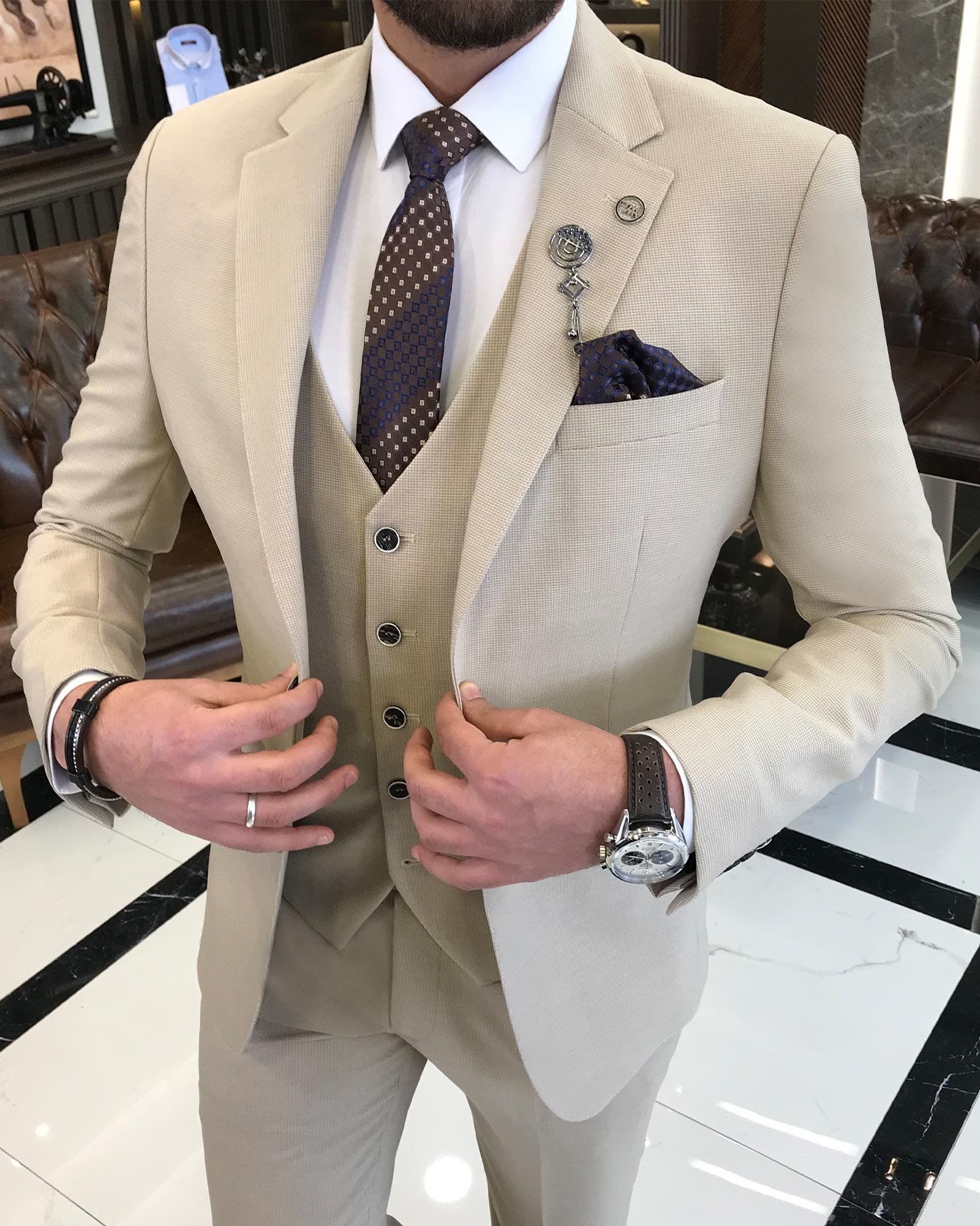 Italian style slim fit cotton linen blended jacket vest pant suit beige T9367