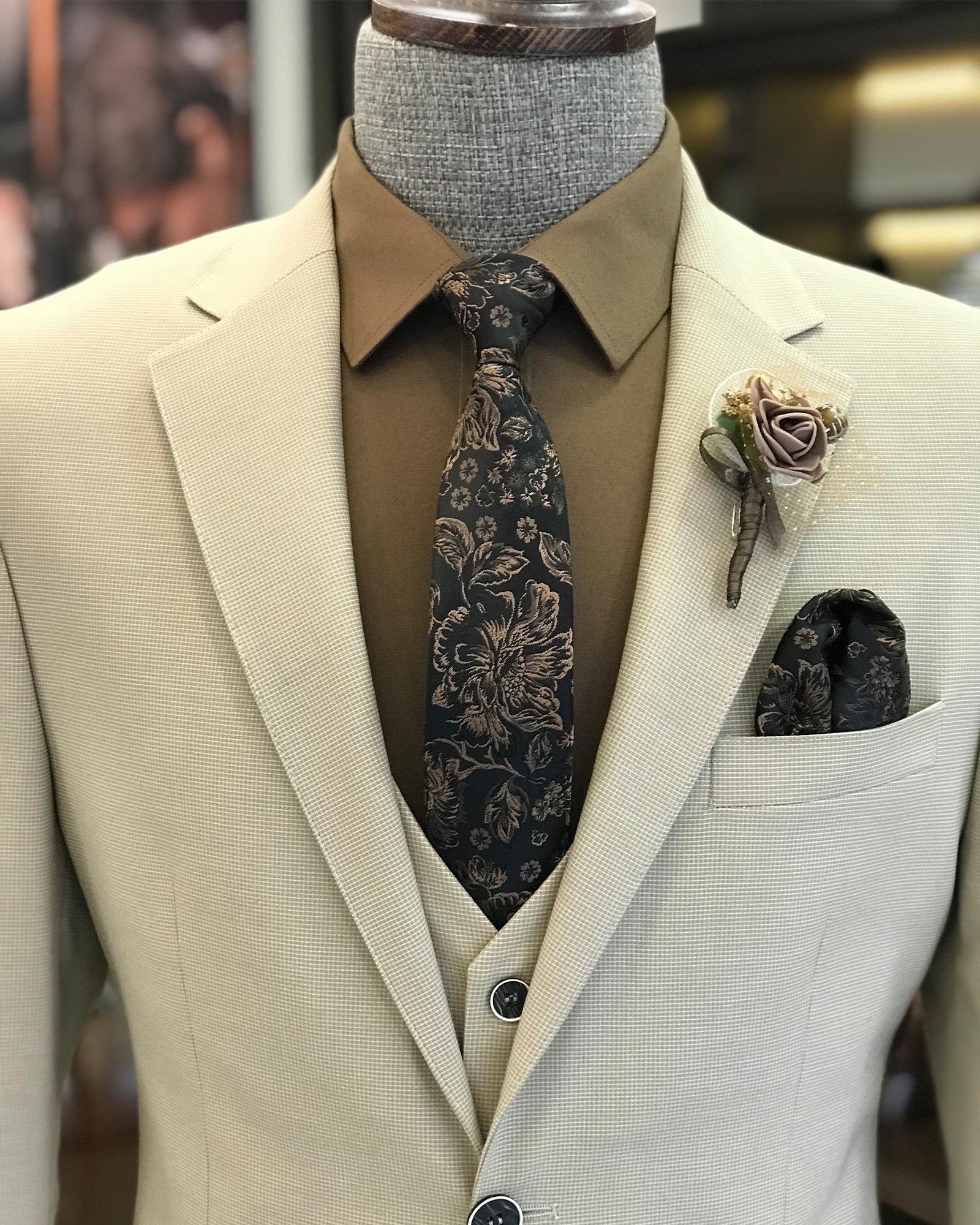 İtalyan stil slim fit pamuk keten karışımlı ceket yelek pantolon takım elbise bej T9367