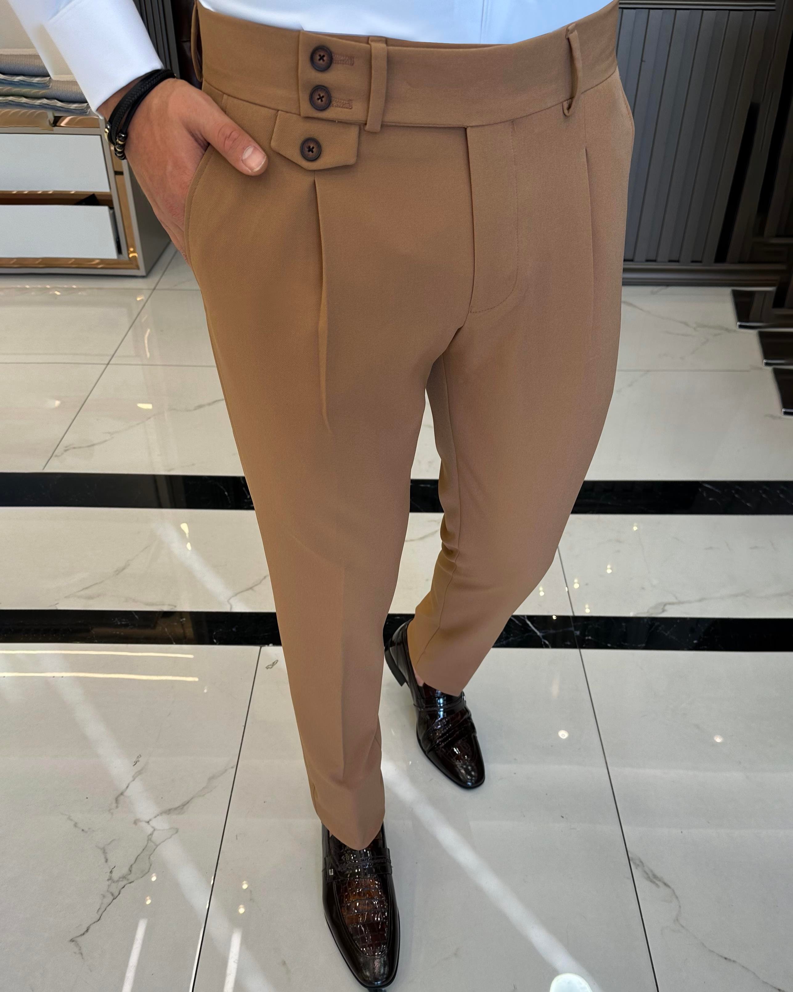 İtalyan stil slim fit pileli erkek pantolon camel T10349