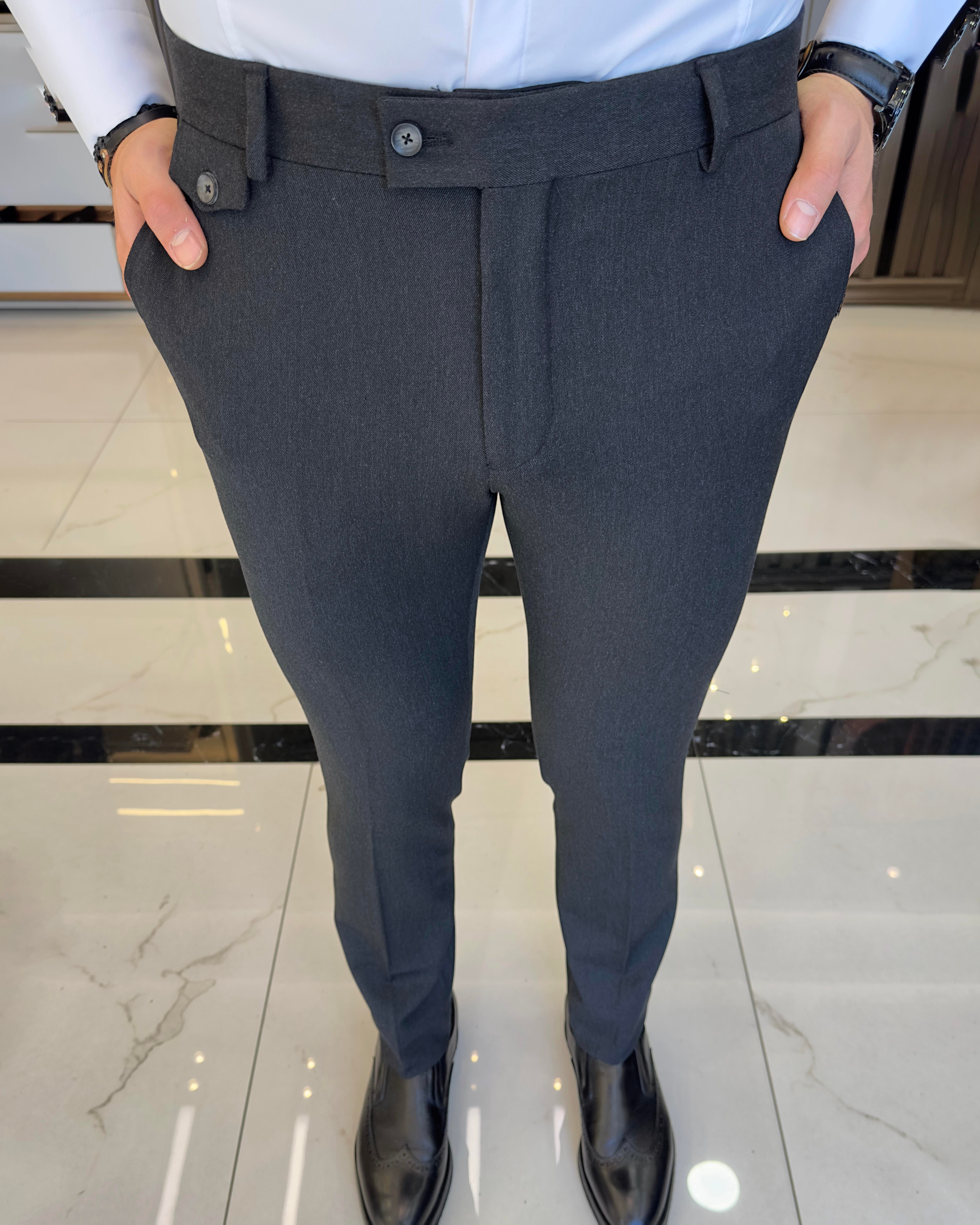 İtalyan stil slim fit pileli kalın kumaş erkek pantolon antrasit T9902