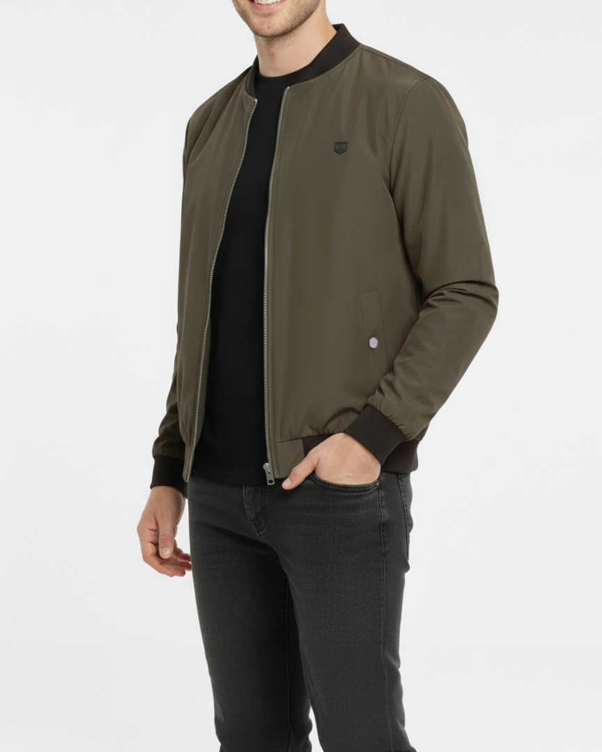 İtalyan stil slim fit pilot yaka fermuarlı mevsimlik erkek mont haki T11665