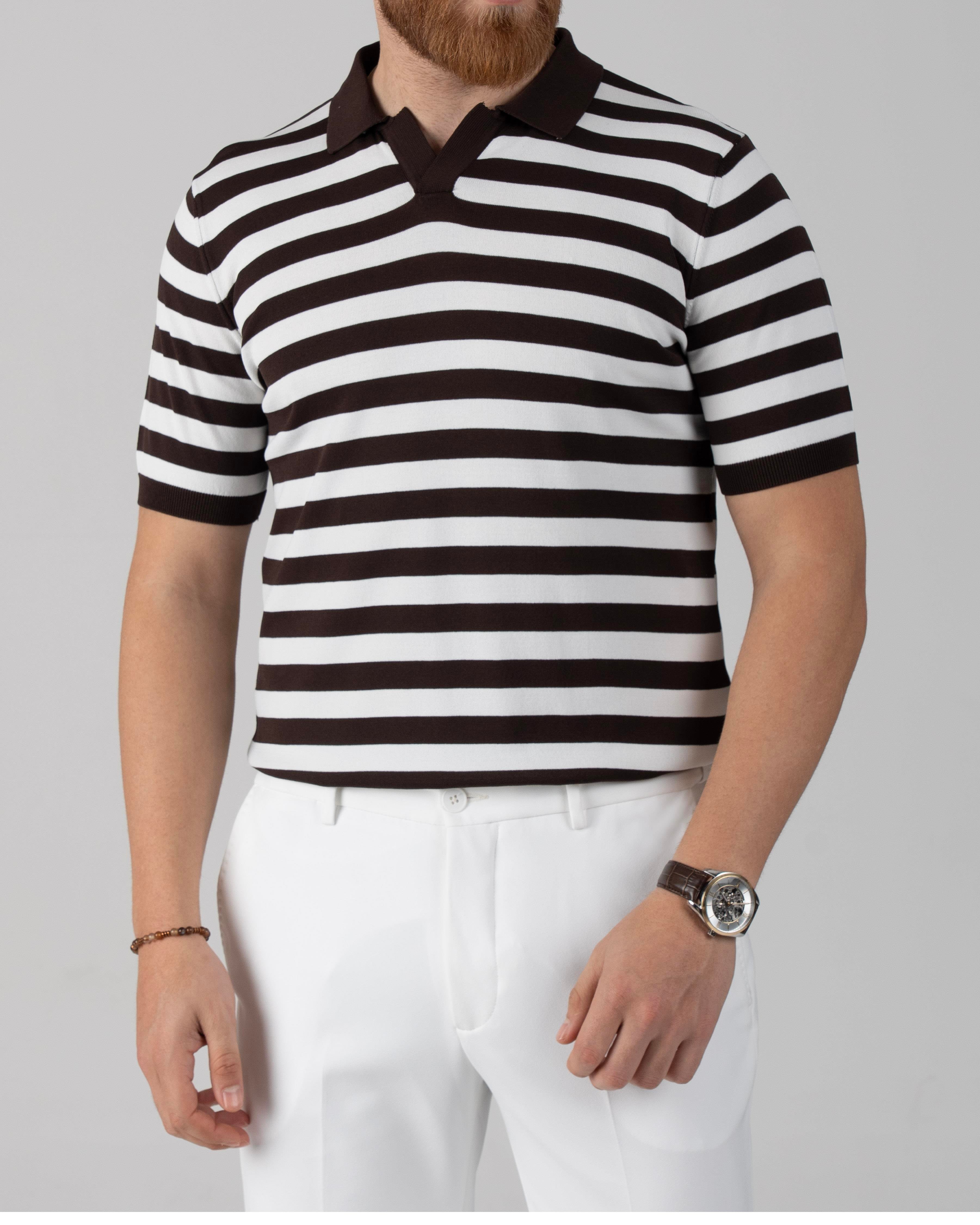 İtalyan stil slim fit polo yaka çizgili triko tişört kahverengi T14051