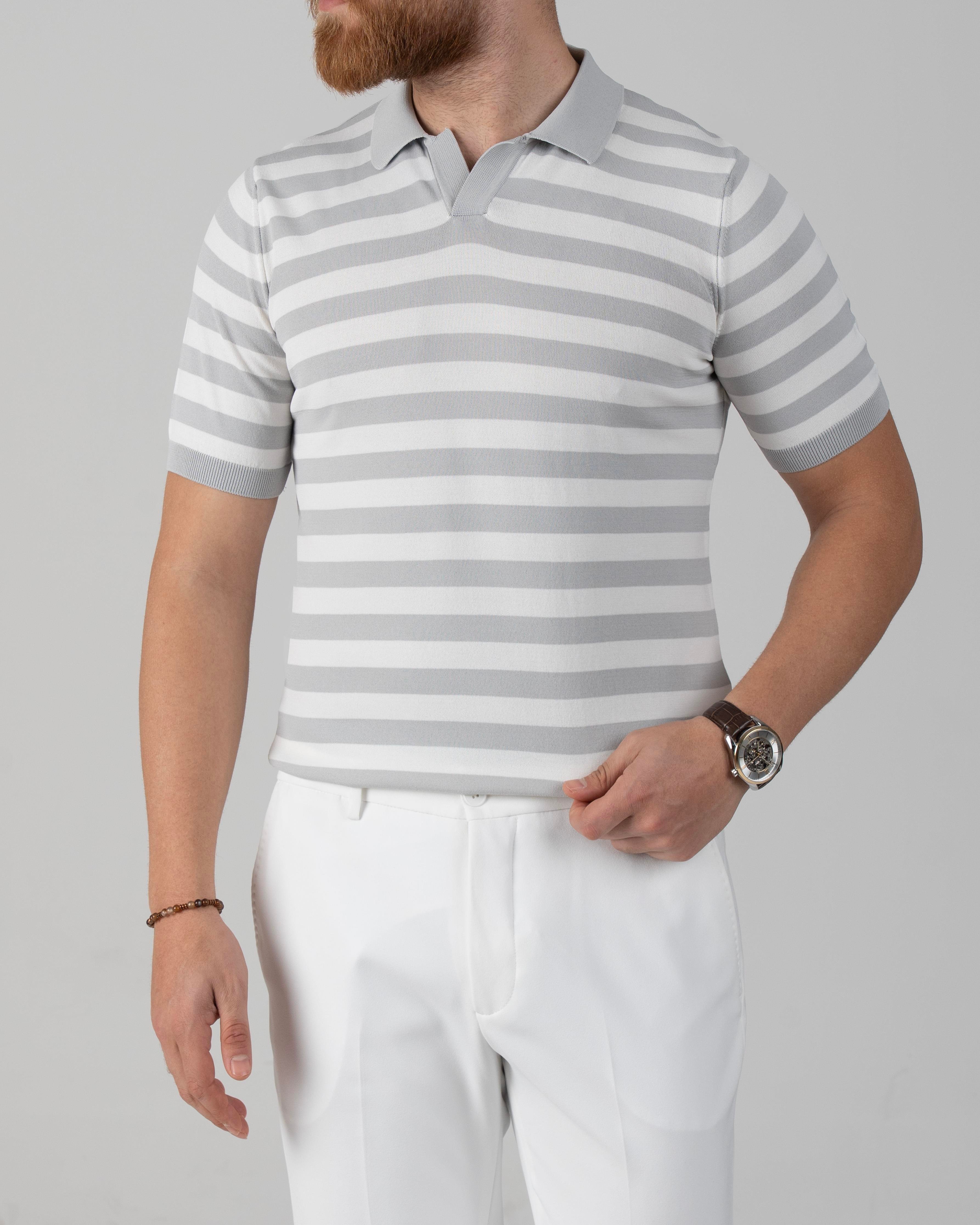 İtalyan stil slim fit polo yaka çizgili triko tişört gri T14050