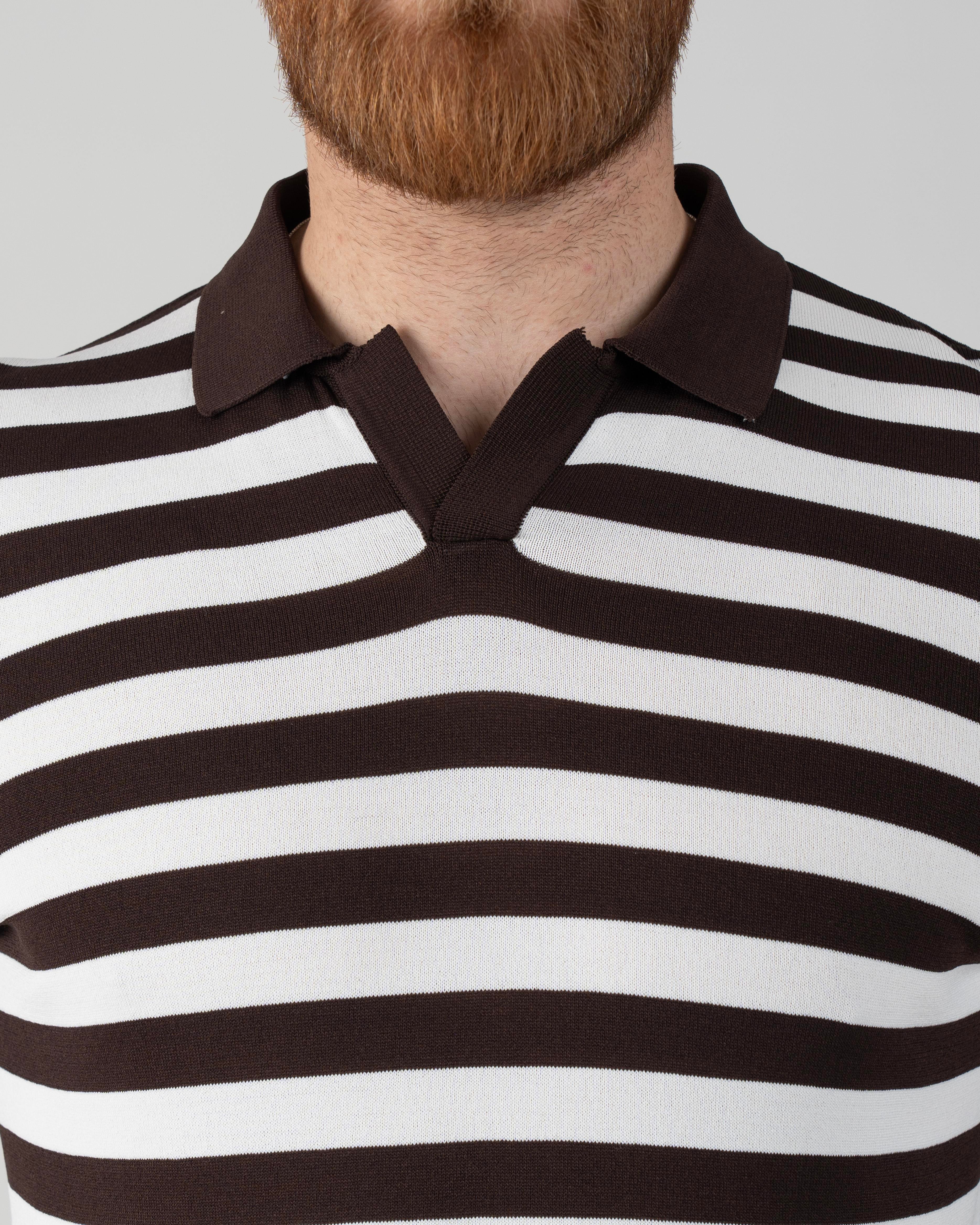 İtalyan stil slim fit polo yaka çizgili triko tişört kahverengi T14051