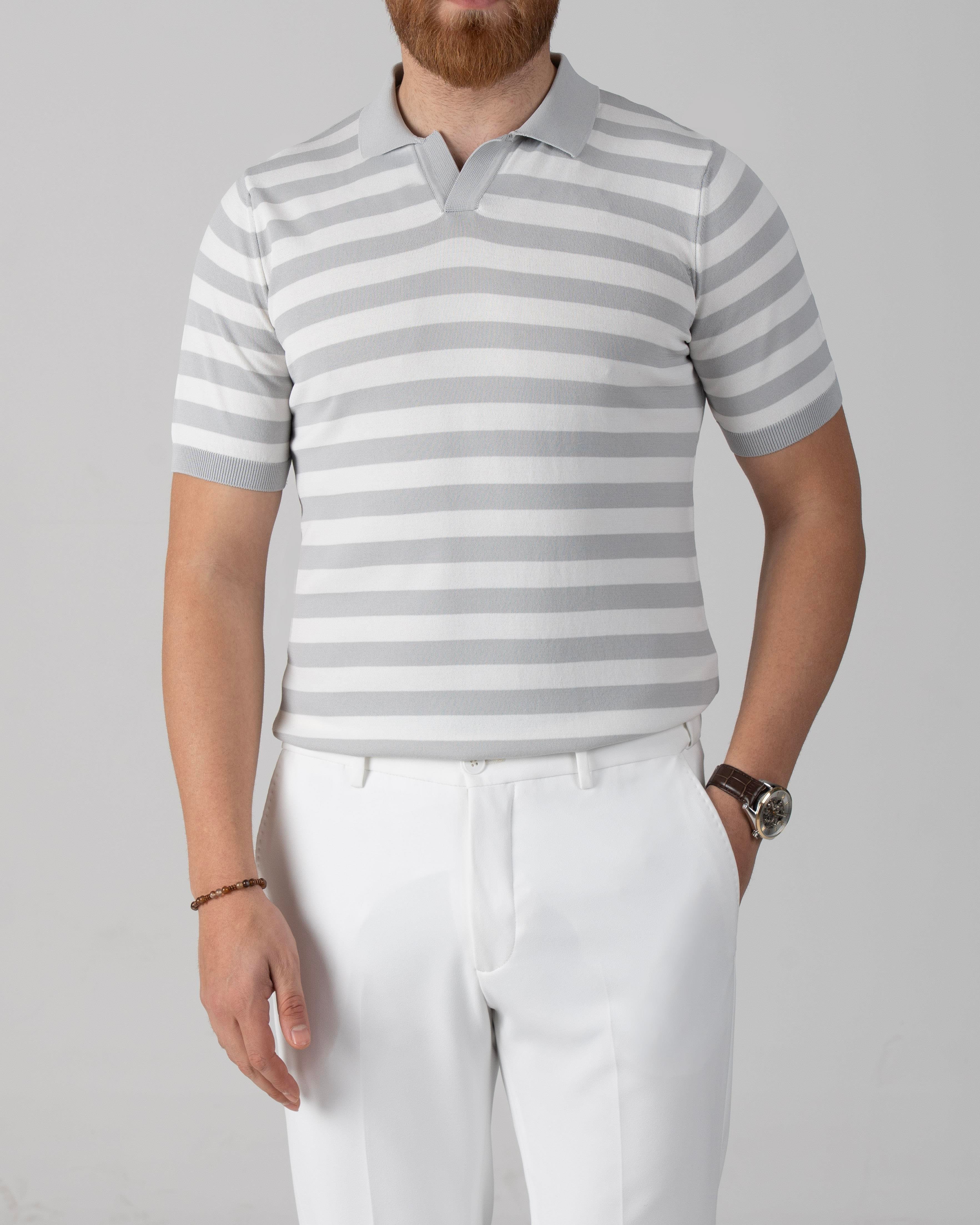 İtalyan stil slim fit polo yaka çizgili triko tişört gri T14050