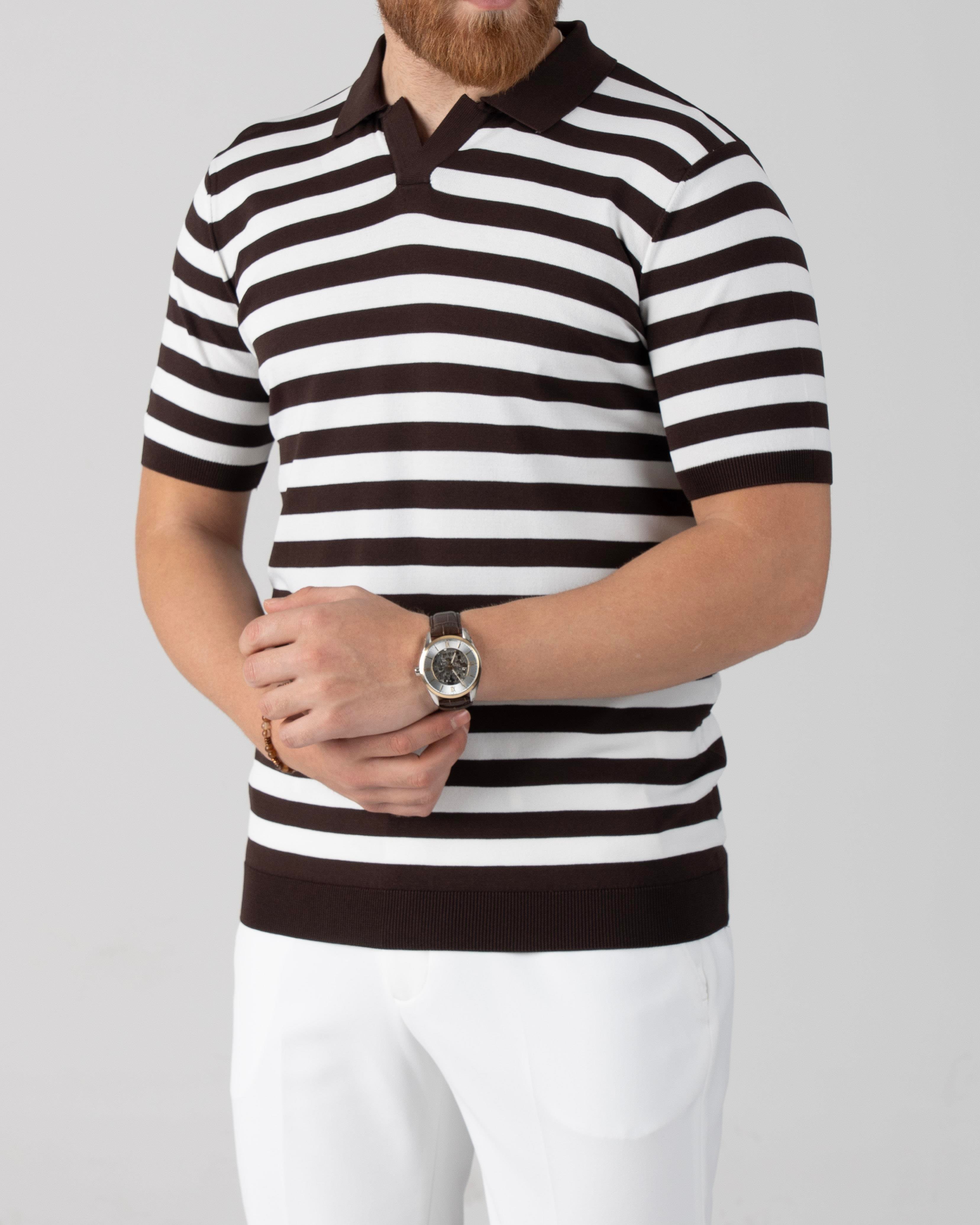 İtalyan stil slim fit polo yaka çizgili triko tişört kahverengi T14051