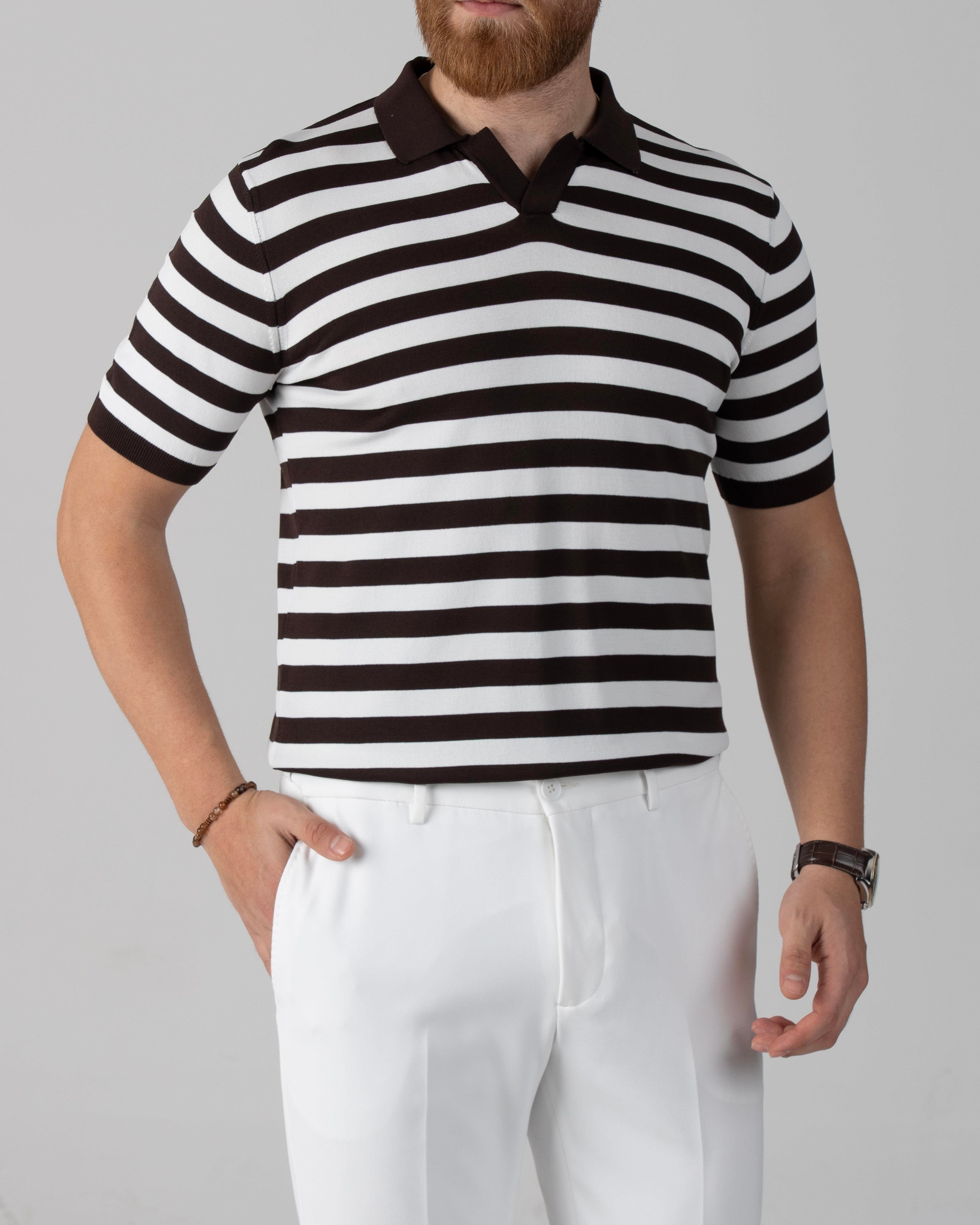 İtalyan stil slim fit polo yaka çizgili triko tişört kahverengi T14051