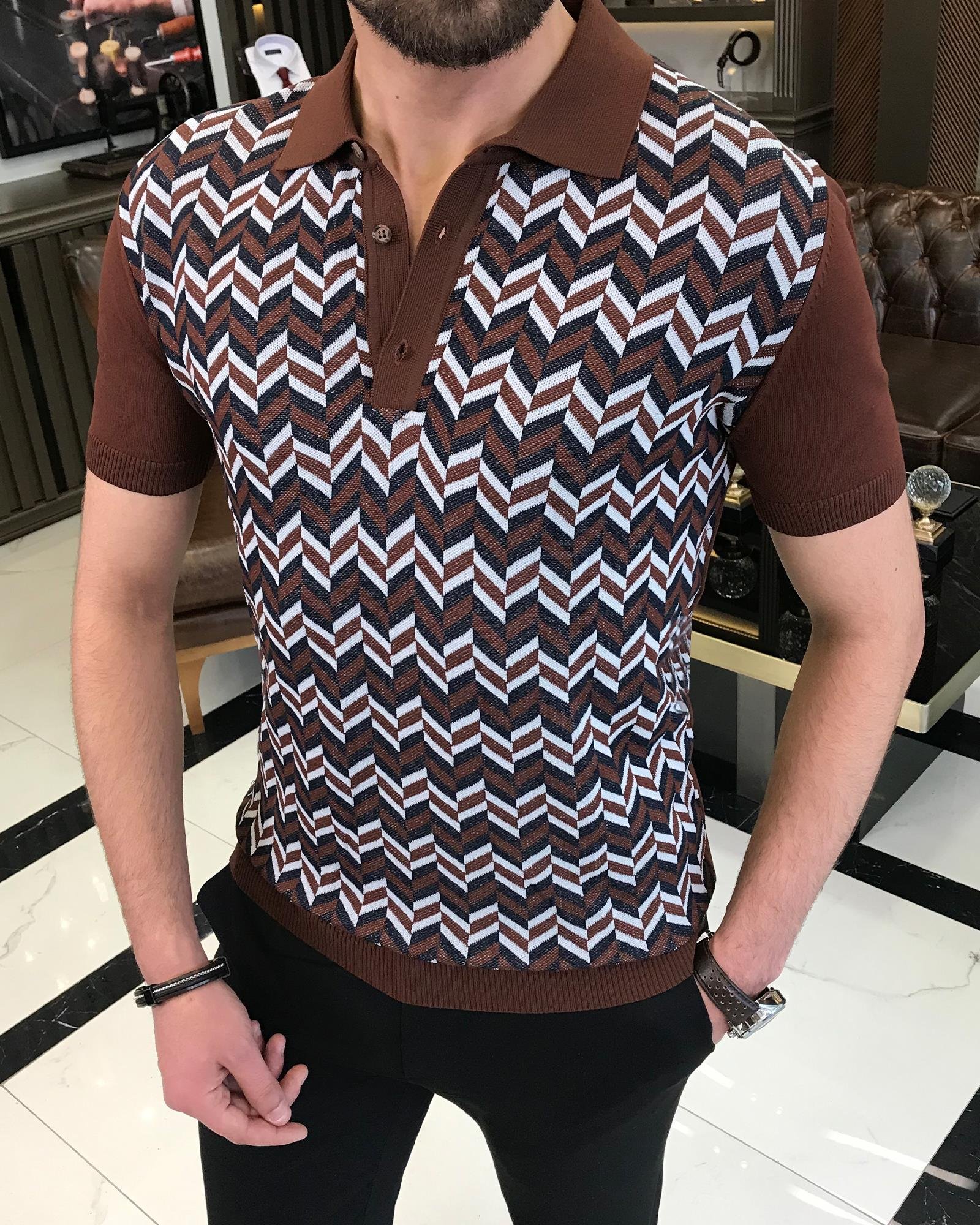 Italian style slim fit polo collar patterned knit t-shirt brown T9470