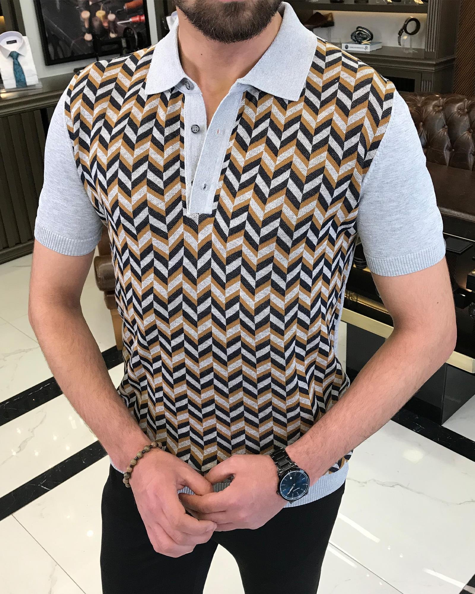 Italian style slim fit polo collar patterned knit t-shirt gray T9469