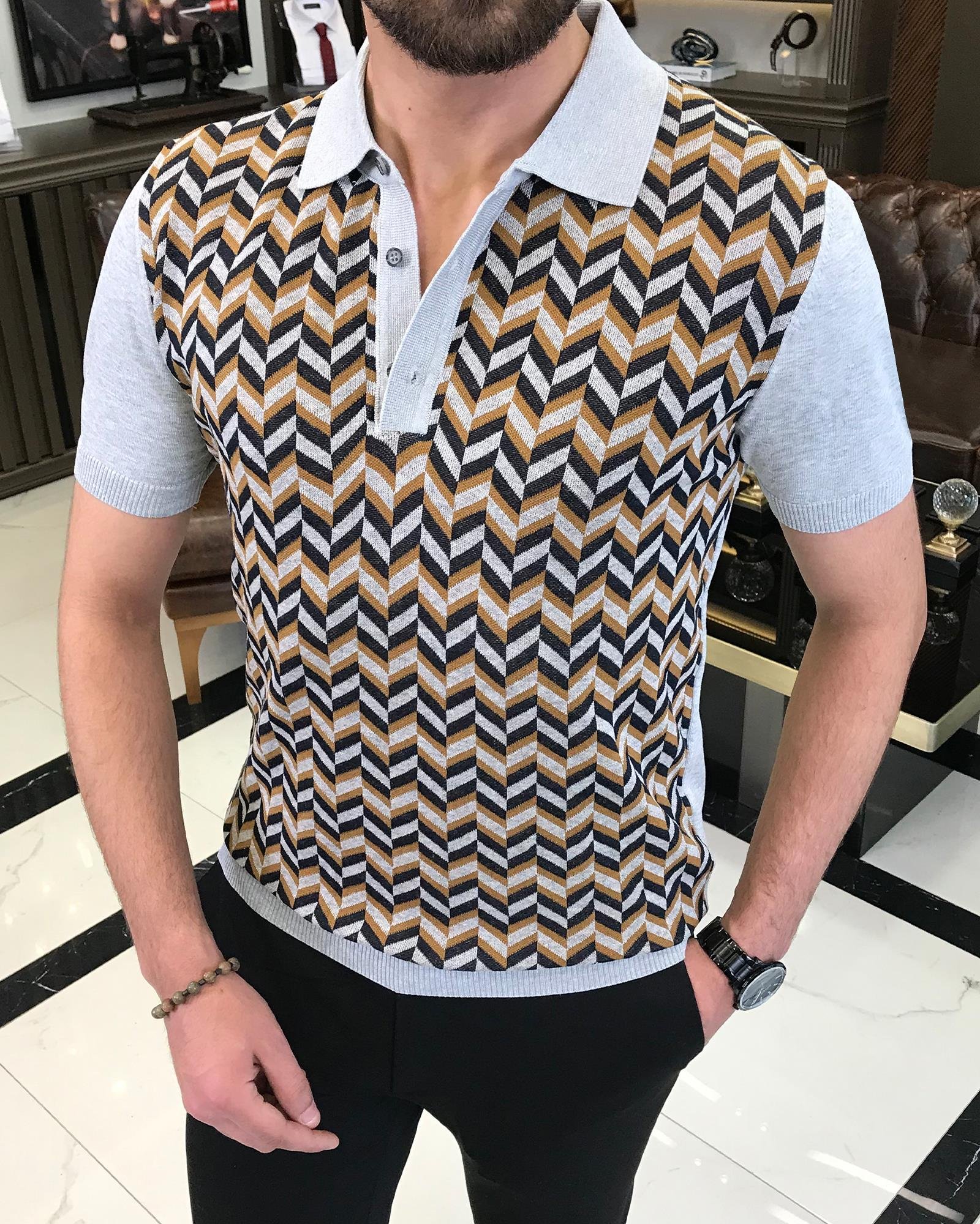Italian style slim fit polo collar patterned knit t-shirt gray T9469