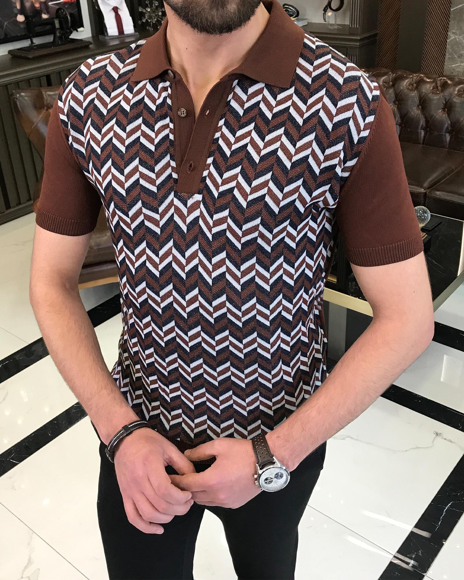 Italian style slim fit polo collar patterned knit t-shirt brown T9470
