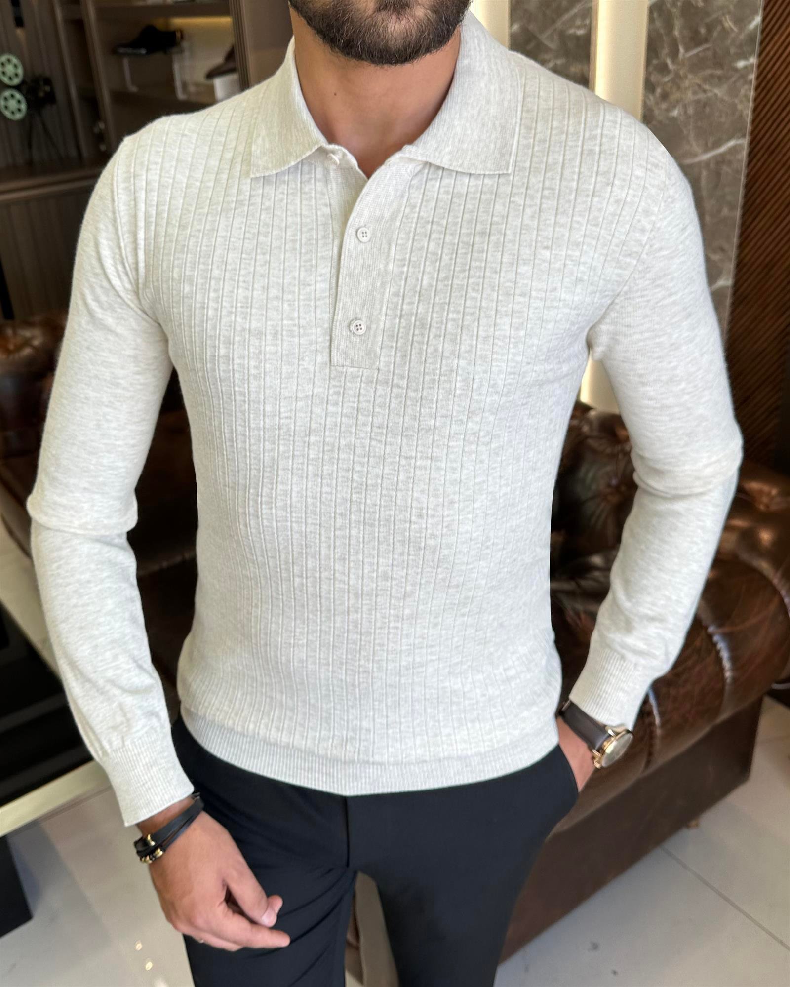 İtalyan stil slim fit polo yaka düğmeli triko erkek kazak bej T10178
