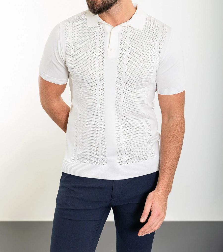 İtalyan stil slim fit polo yaka düğmeli triko tişört ekru T11754