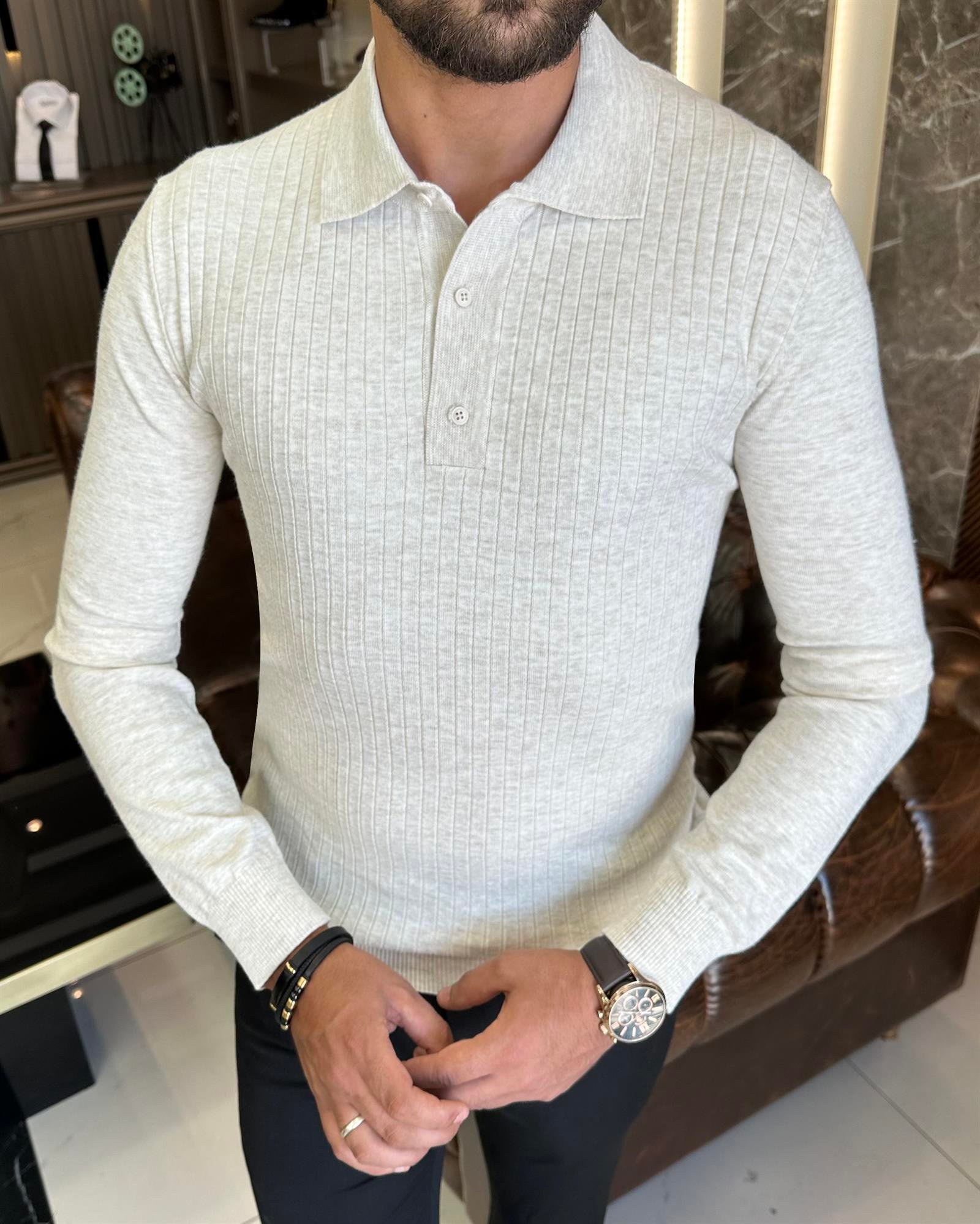 İtalyan stil slim fit polo yaka düğmeli triko erkek kazak bej T10178