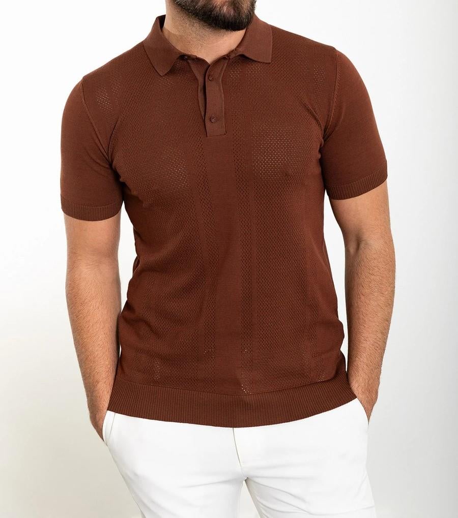 İtalyan stil slim fit polo yaka düğmeli triko tişört kiremit T11752