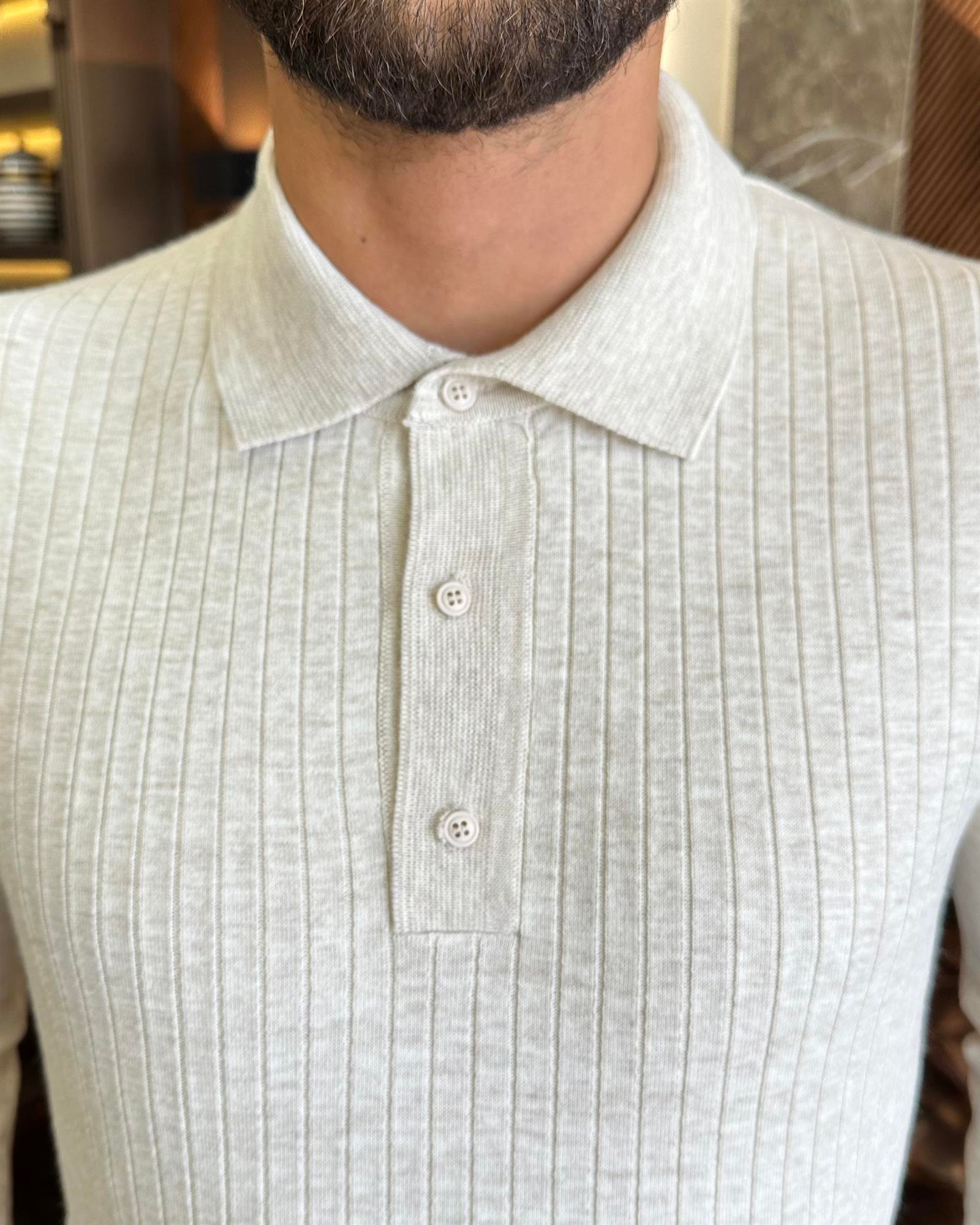 İtalyan stil slim fit polo yaka düğmeli triko erkek kazak bej T10178