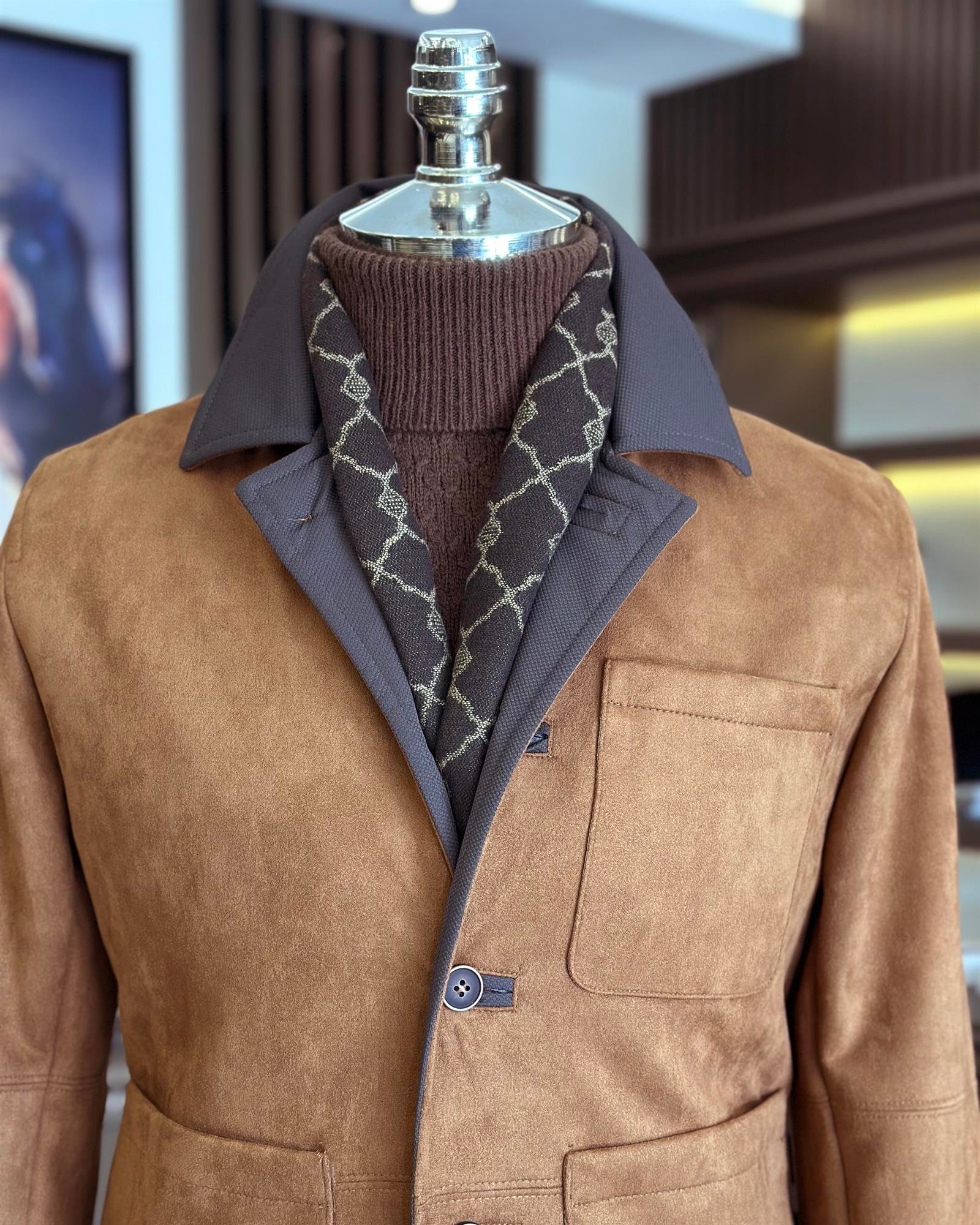 İtalyan stil slim fit polo yaka erkek mont taba T10044