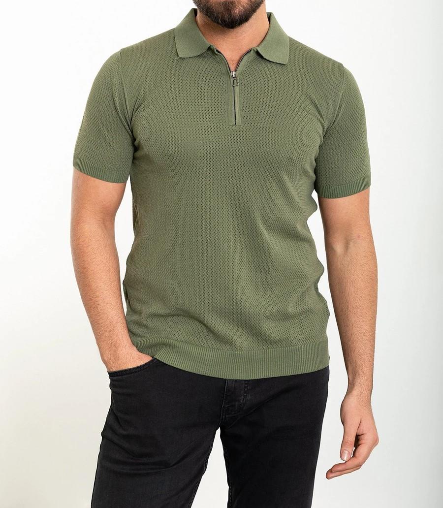 İtalyan stil slim fit polo yaka fermuarlı triko tişört haki T11740