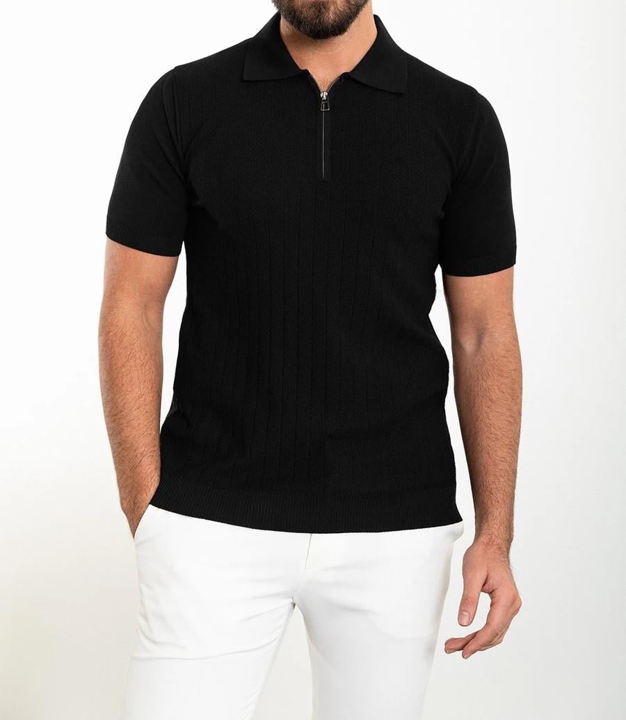 İtalyan stil slim fit polo yaka fermuarlı triko tişört siyah T11723
