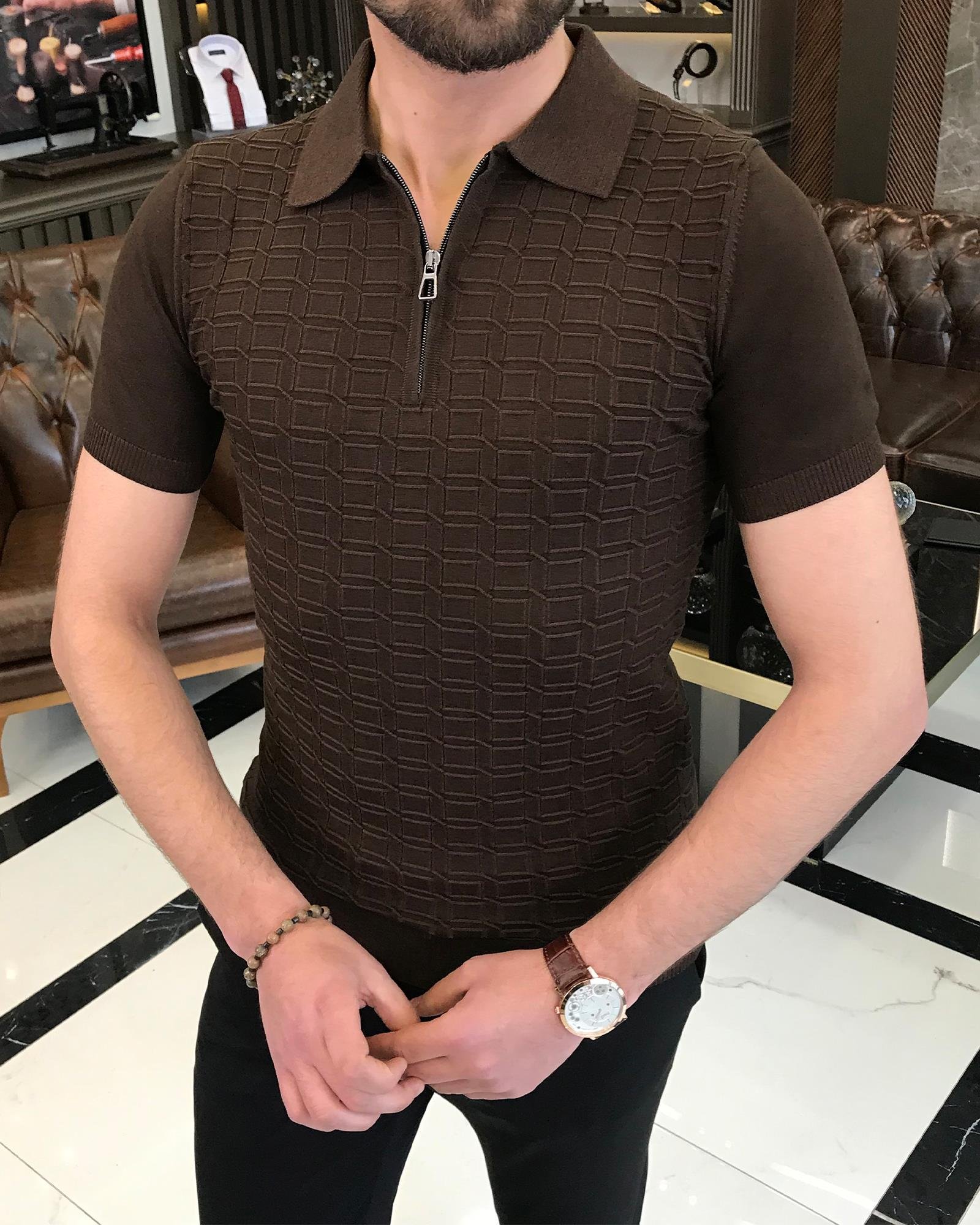 Italian style slim fit polo collar zipper knit t-shirt brown T9471