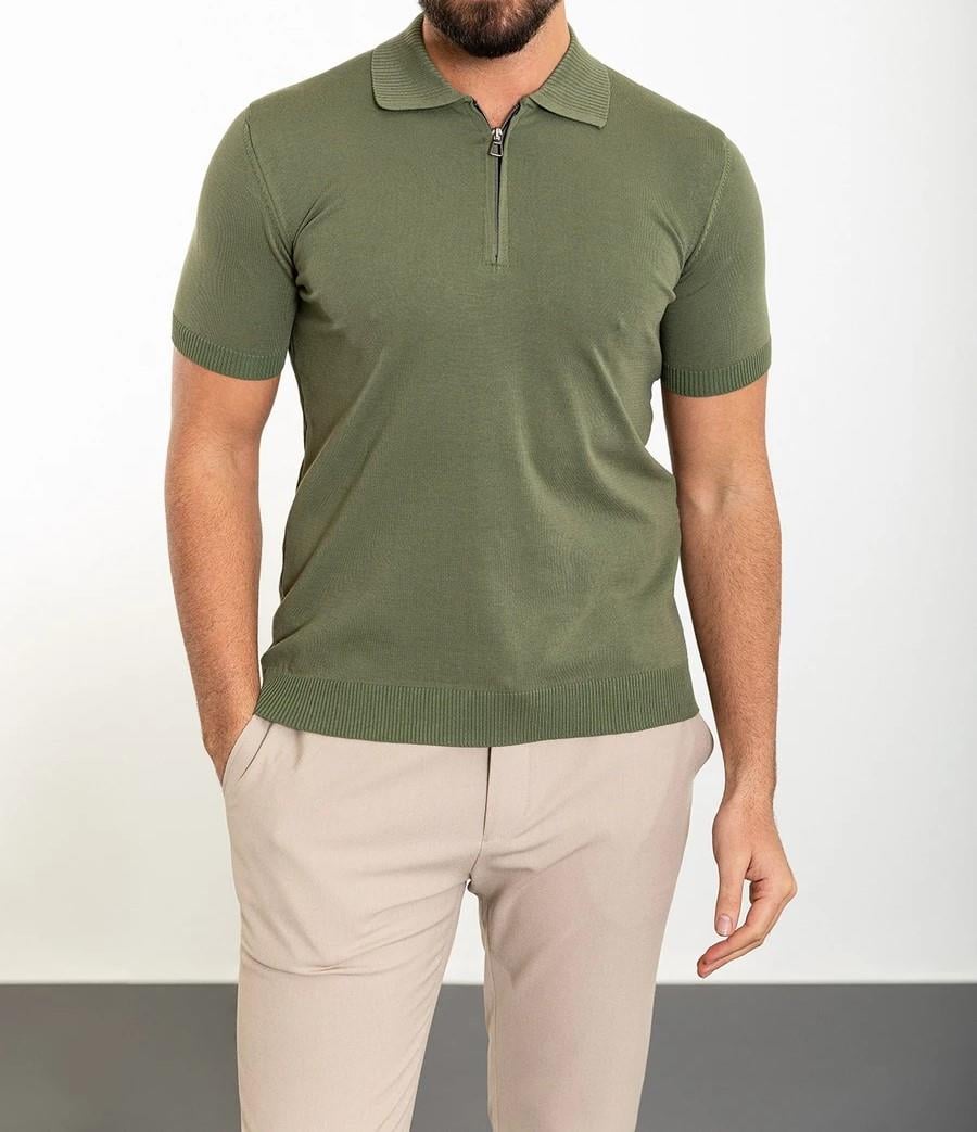 İtalyan stil slim fit polo yaka fermuarlı triko tişört yeşil T11719
