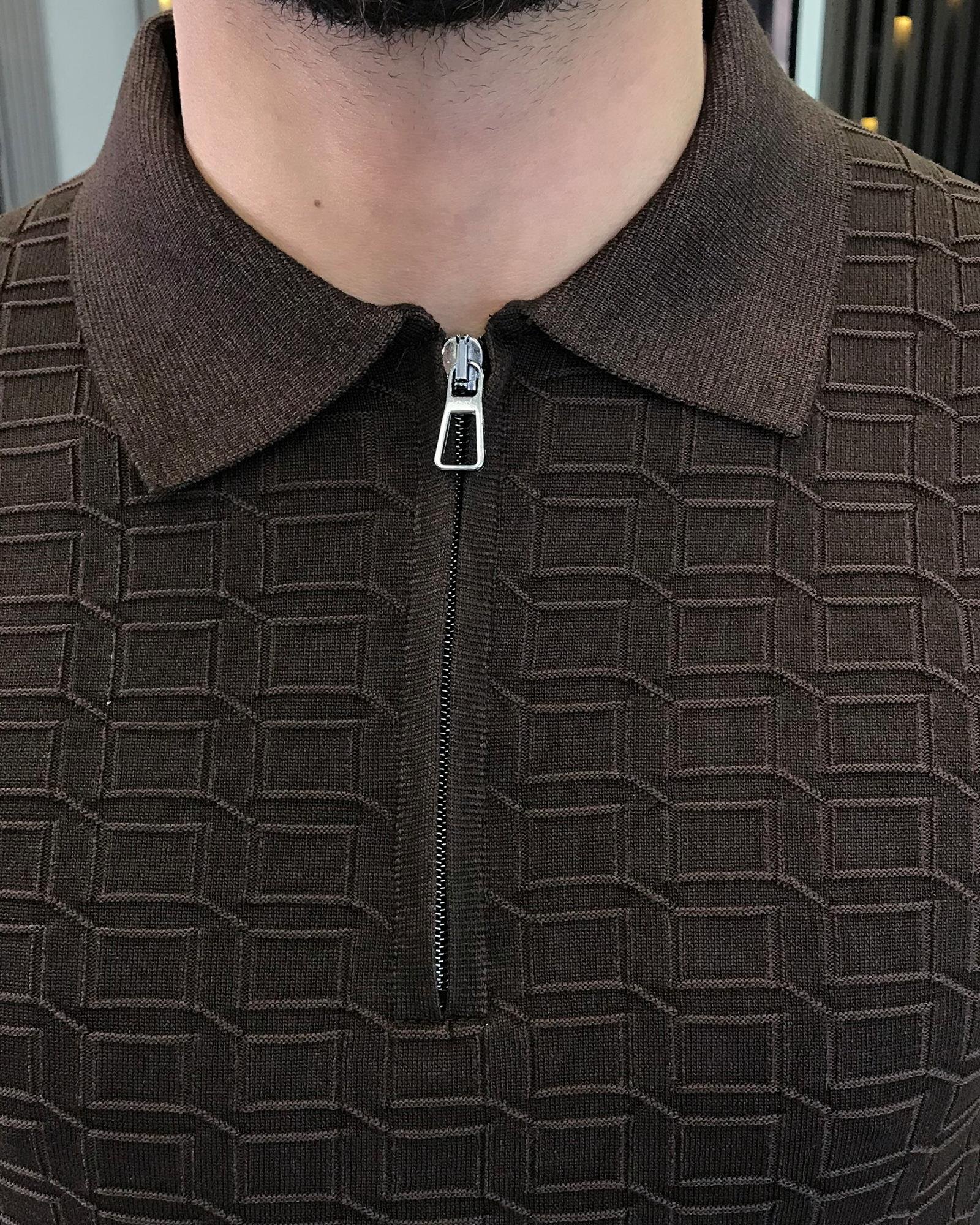 Italian style slim fit polo collar zipper knit t-shirt brown T9471