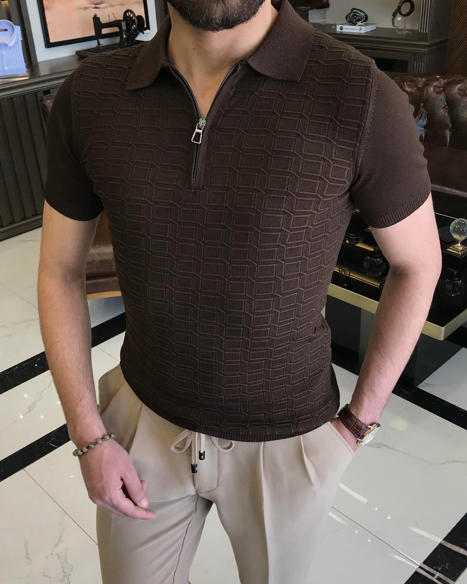 Italian style slim fit polo collar zipper knit t-shirt brown T9471
