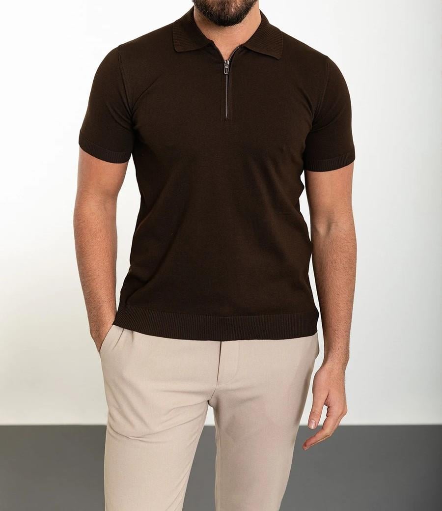 İtalyan stil slim fit polo yaka fermuarlı triko tişört kahverengi T11717